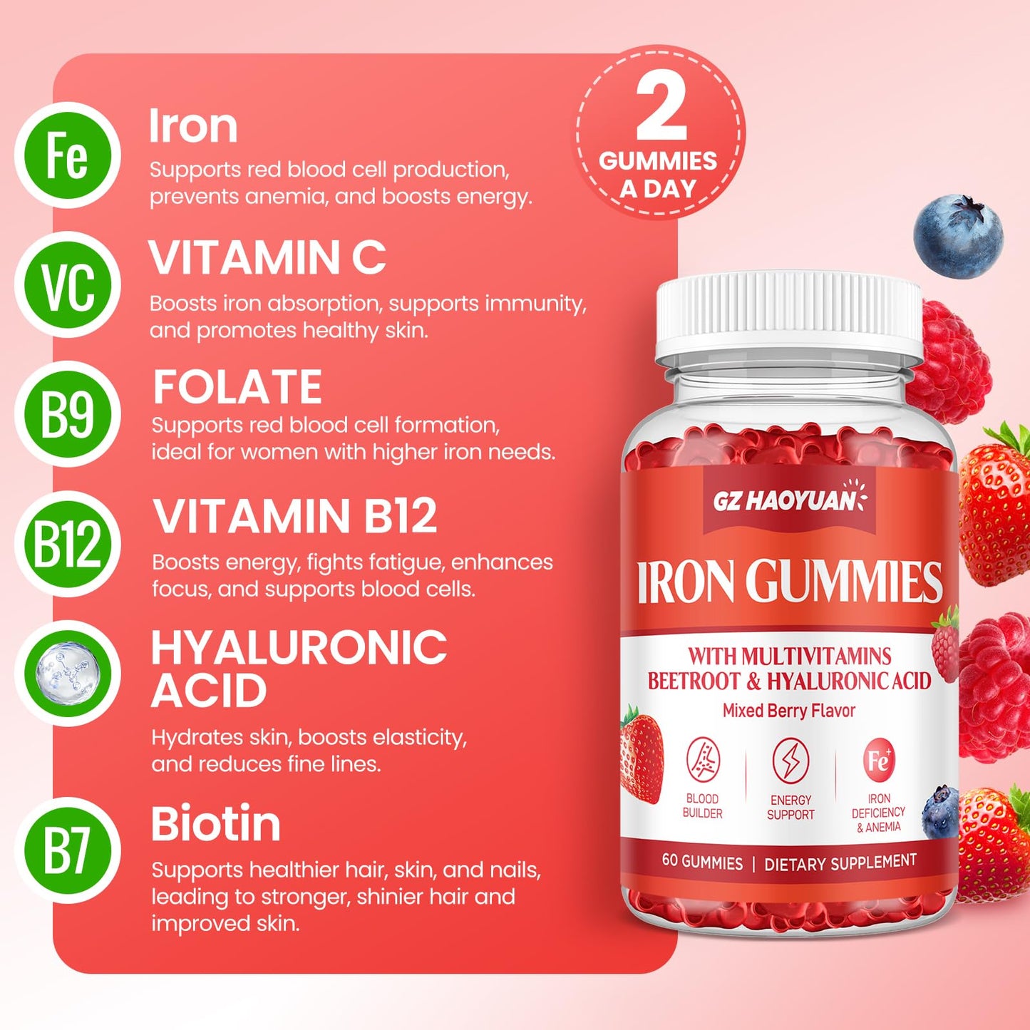 GZ HAOYUAN Iron Gummies with Multivitamin Gummies 60