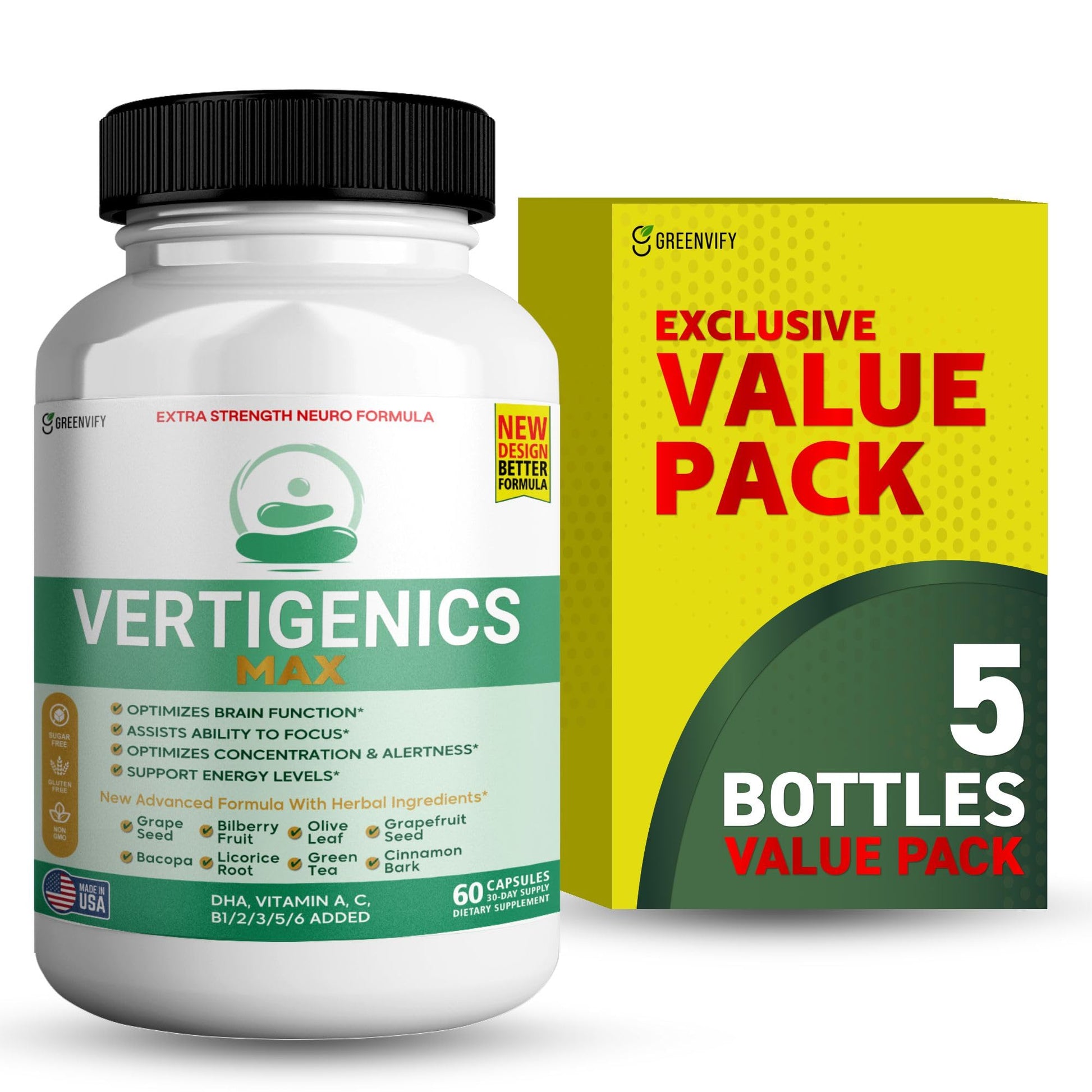 GREENVIFY Vertigenics Max Brain Support Supplement, Extra Strength Neuro Formula, 300 Capsules