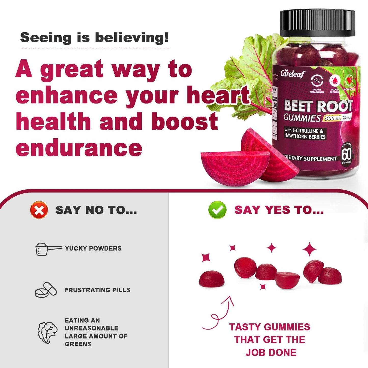 careleaf Sugar-Free Vegan Beet Root Gummies with L-Citrulline & Hawthorn Extract – Nitric Oxide Support – Peach Flavor, 60 Count