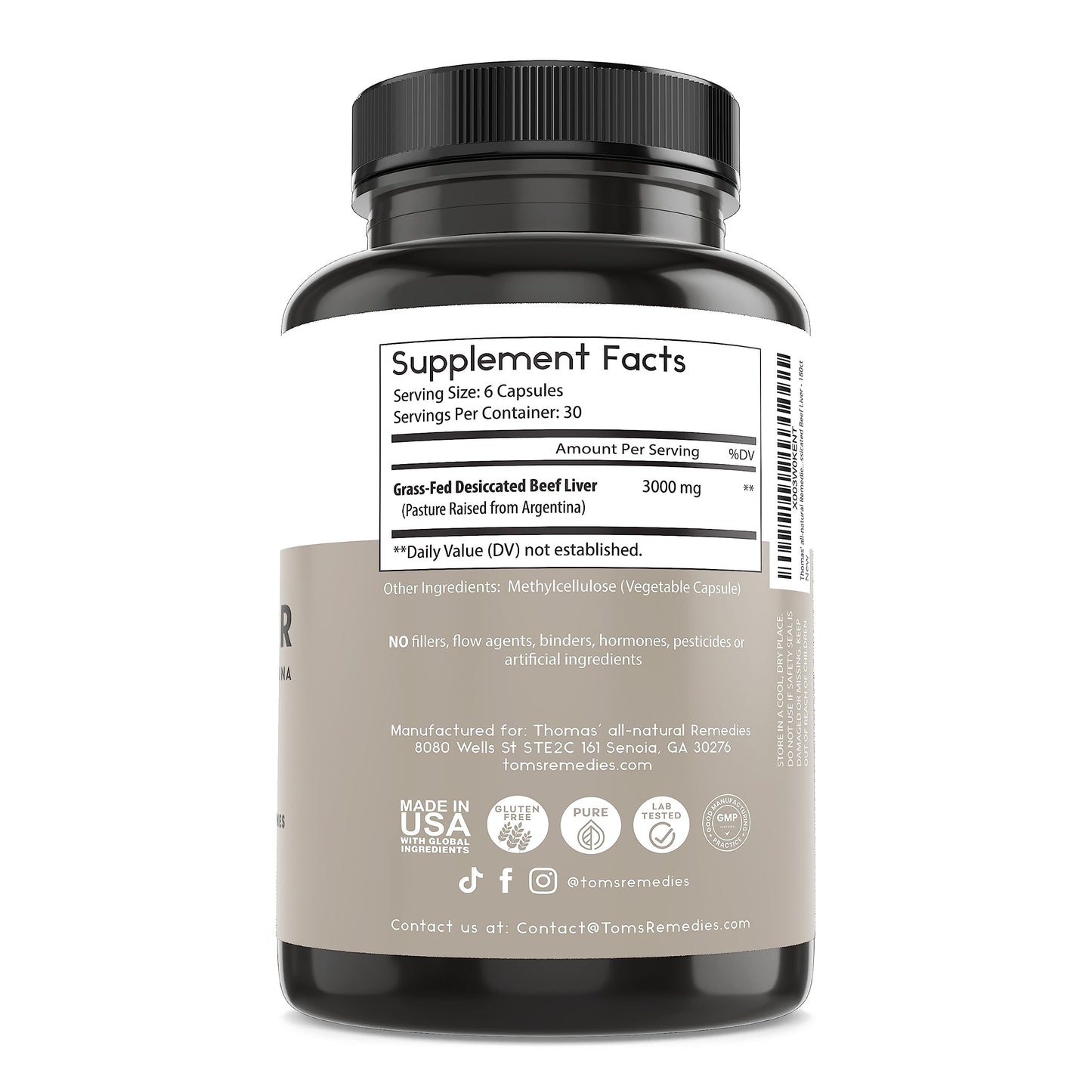 Thomas' all-natural Remedies Grassfed Beef Liver Supplement Capsules, 180 Count