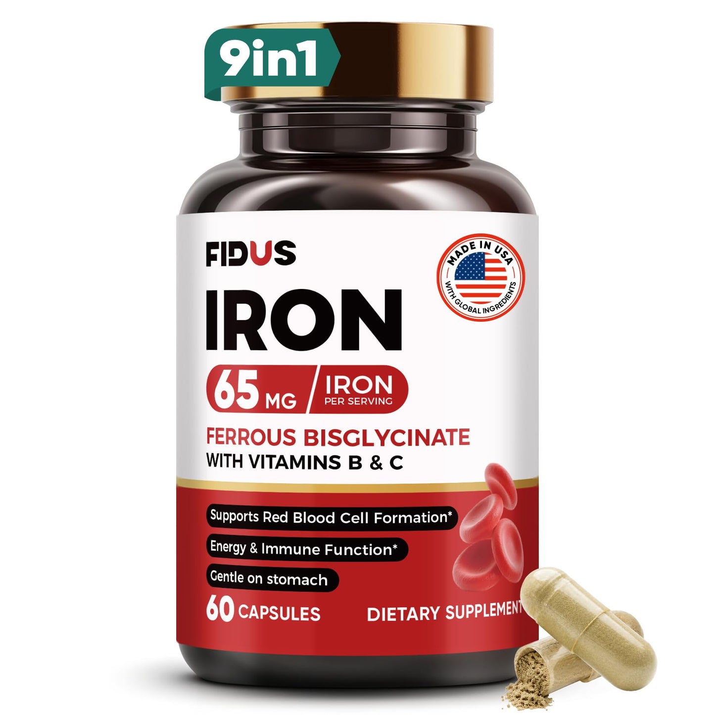 Fidus Gentle Iron Supplement 65mg with Iron Bisglycinate 350mg, Vitamin C, B-Complex, Zinc & Copper Capsule 60 Count