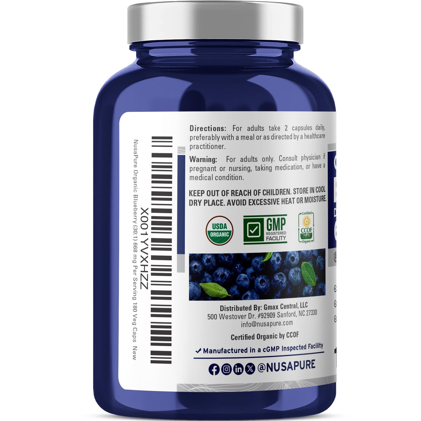NusaPure Organic Blueberry Capsules, Capsule, 180 Count