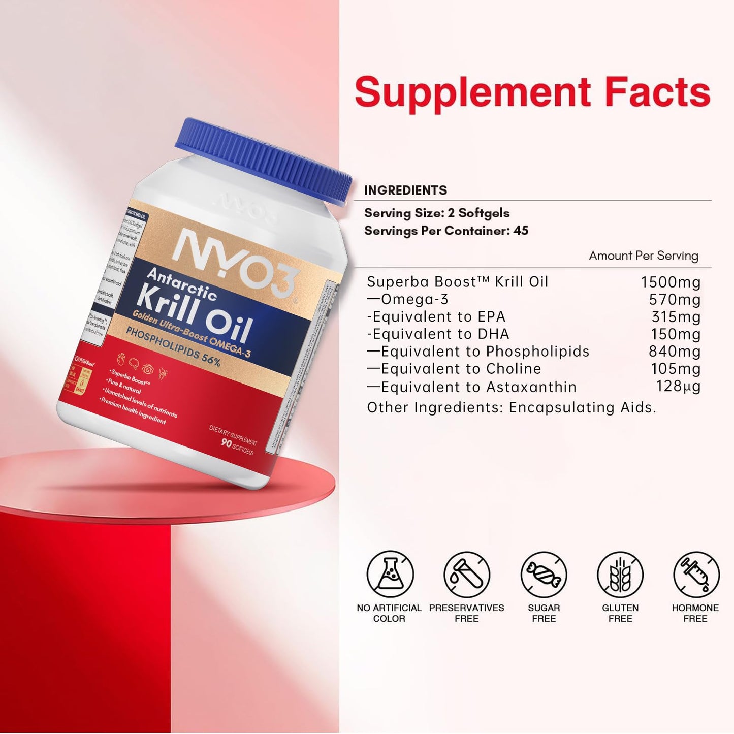 NYO3 1500mg Krill Oil Omega-3 Supplement Softgels 90 Count