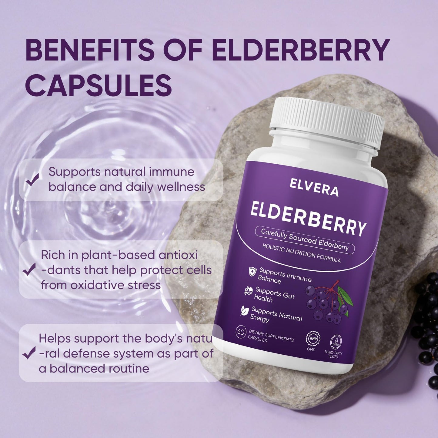 Awjsde Elvera Elderberry Gut Support Complex with Zinc & Vitamin C Soft Capsules, 60 Capsules
