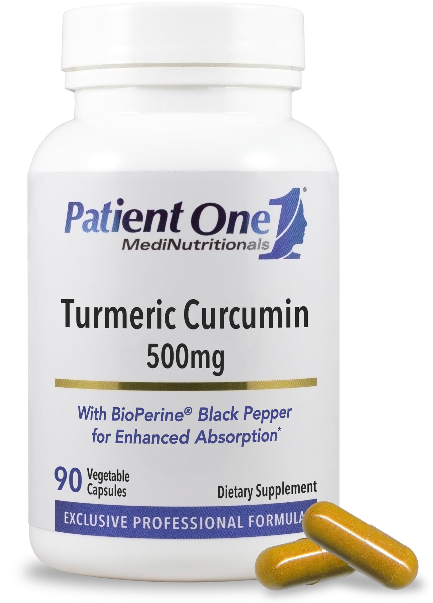 Patient One Turmeric Curcumin 500mg Supplement + Black Pepper Capsules, 90 Count