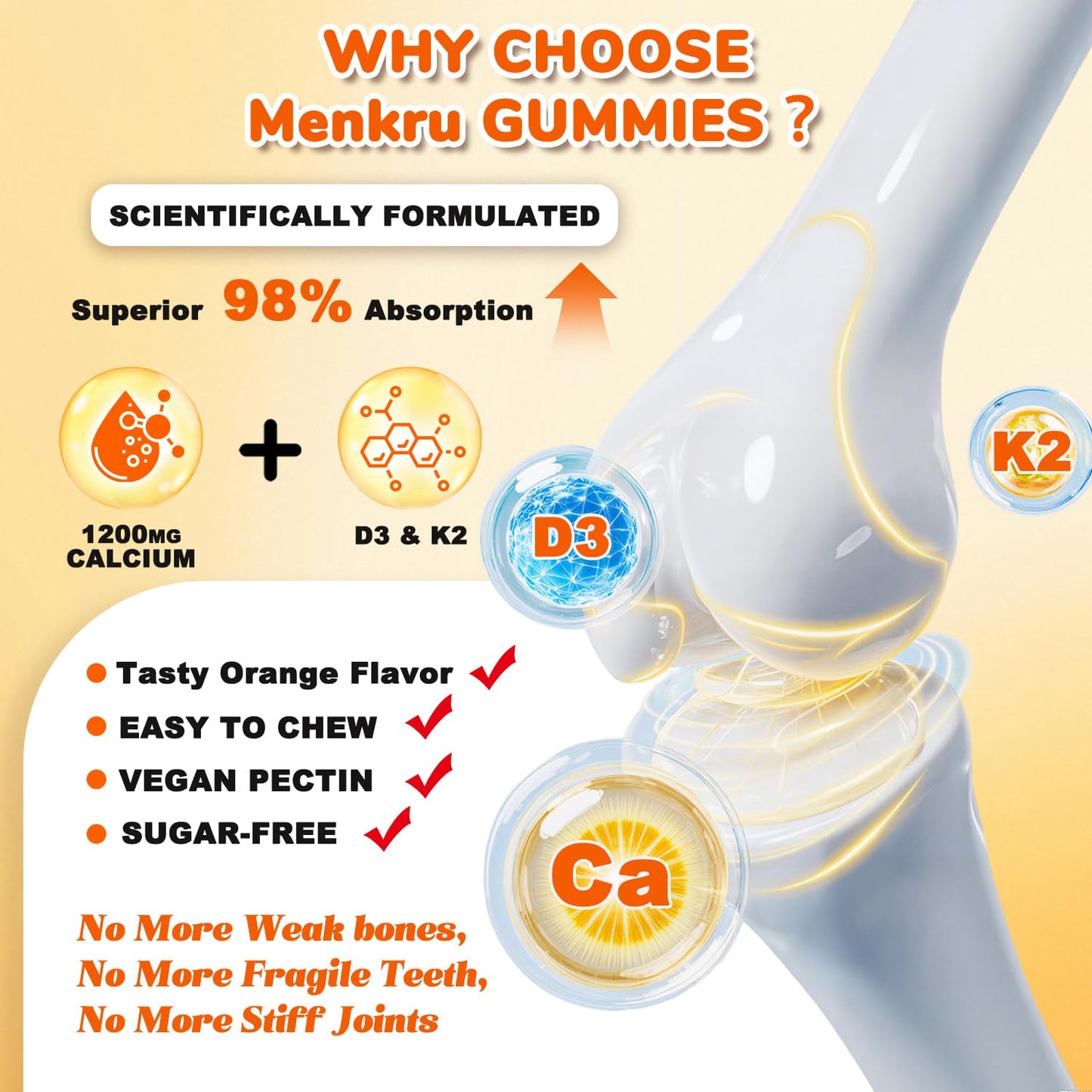 Menkru Calcium Citrate Gummies 1200 mg with Vitamin D3 and K2 for Women & Men, Natural Orange Flavor, 120 Gummies