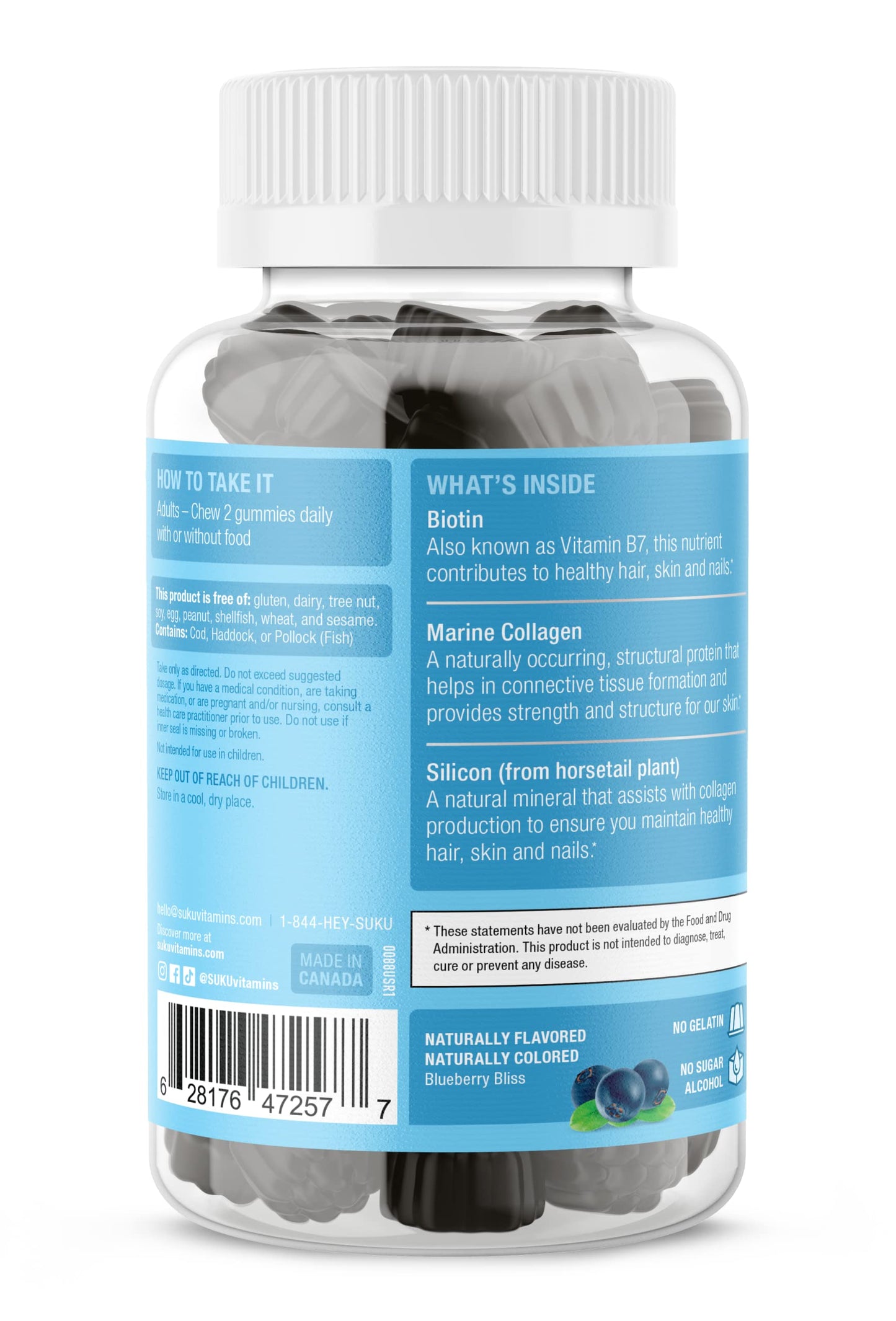 SUKU Luscious Hair Silicon Biotin and Hydrolyzed Marine Collagen Gummies for Skin, Hair & Nails - Blueberry Flavor - 50 Count