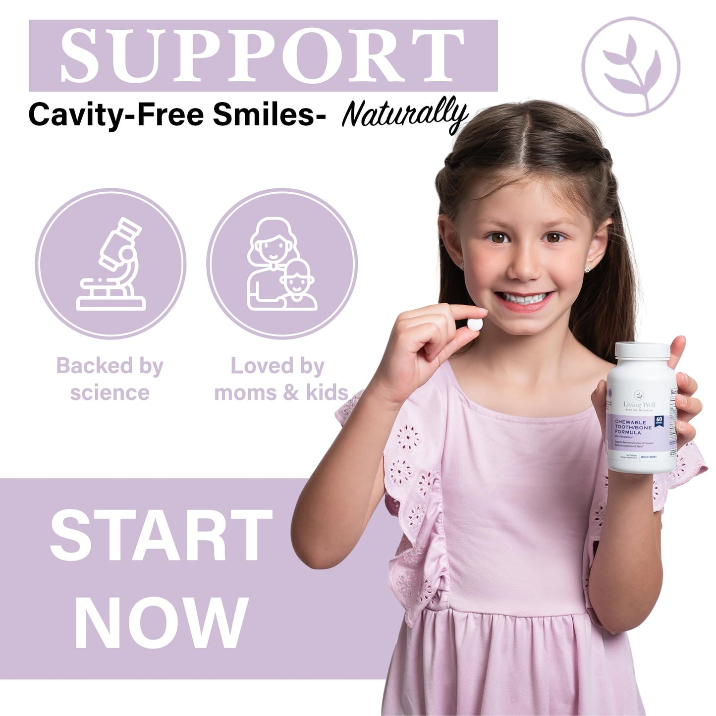 Living Well with Dr. Michelle Kids Calcium and Tooth Support Chewable with D3 + K2, 120 Count