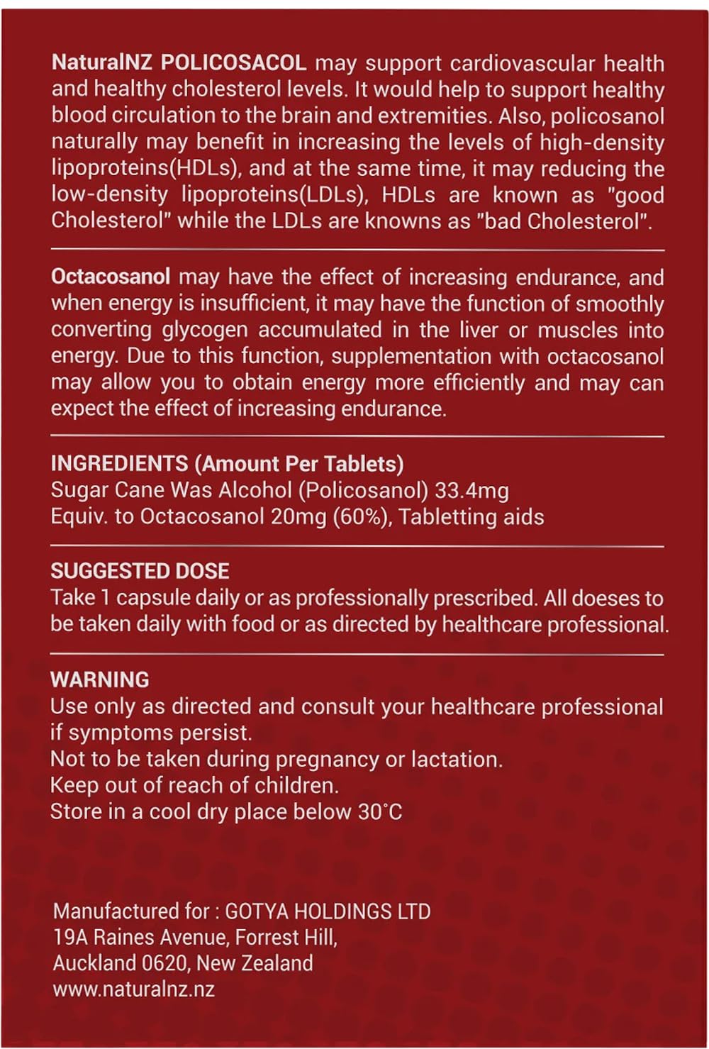 Natural NZ Policosanol 33.4mg (Otacosanol 20mg) 1-A-Day 60 Tablets