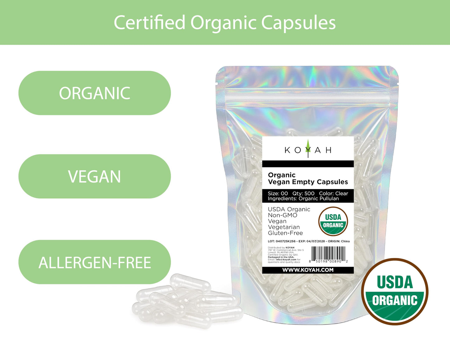 KOYAH Organic Empty Pullulan Capsules Size 00, 500 Count