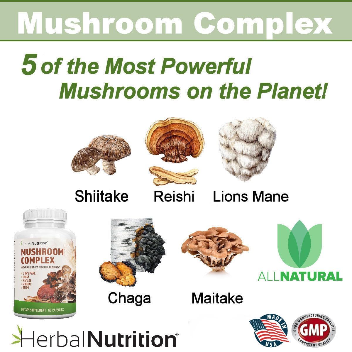 Herbal Nutrition Mushroom Complex 700-1400mg Capsules, 120 Count