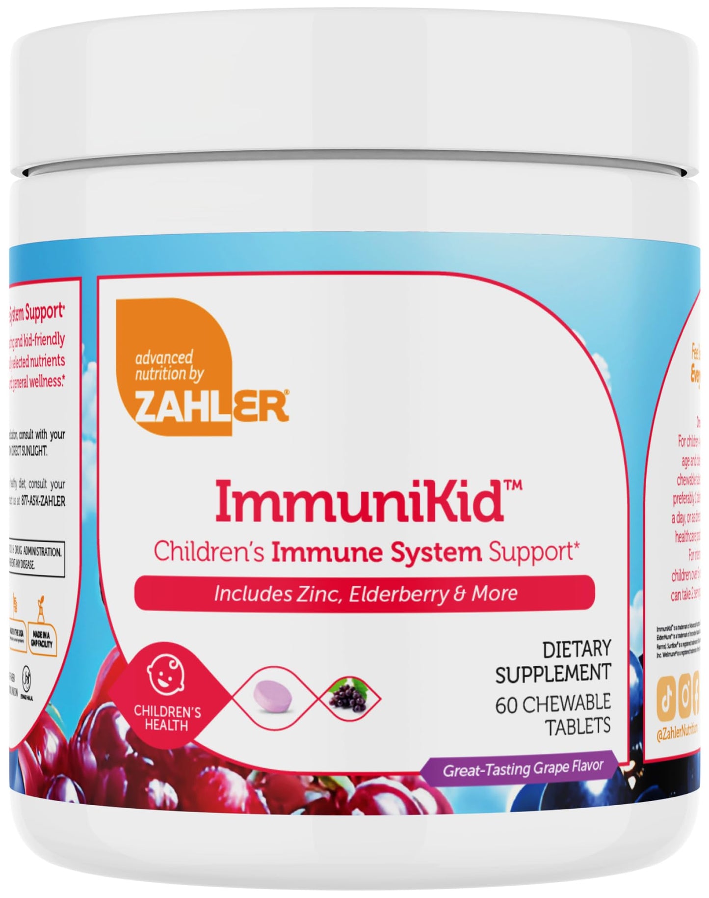 Zahler Kids Immune Support Supplement with Elderberry, Zinc and Vitamin C D3 A - Grape Flavored Chewable Tablets, 60 Tablets
