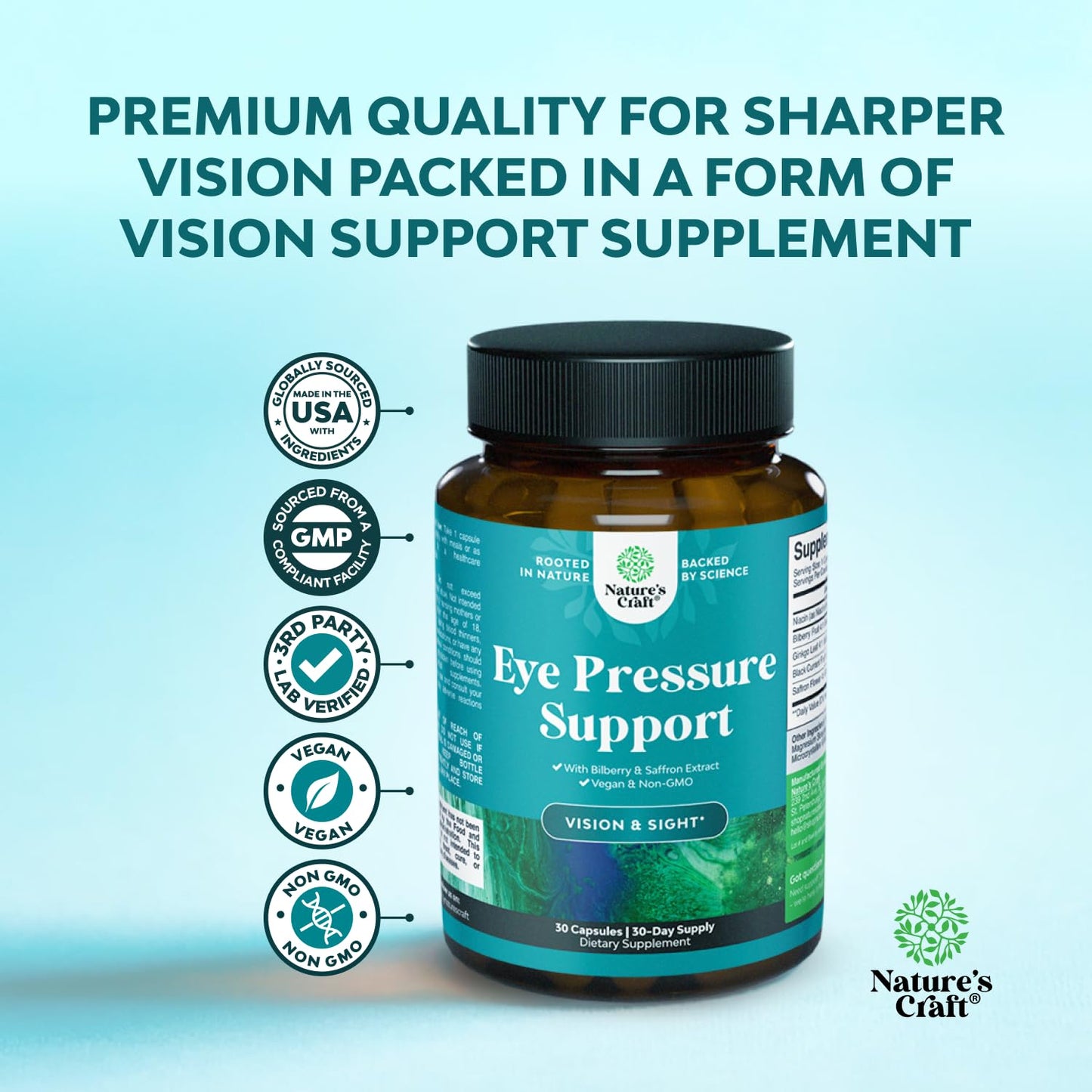 Natures Craft Eye Pressure Support with Bilberry Extract - Vegan Eye Health Supplement for Adults For Ocular Pressure Relief with Saffron Ginkgo Niacin and More Vitamins Vision Support Capsules 90