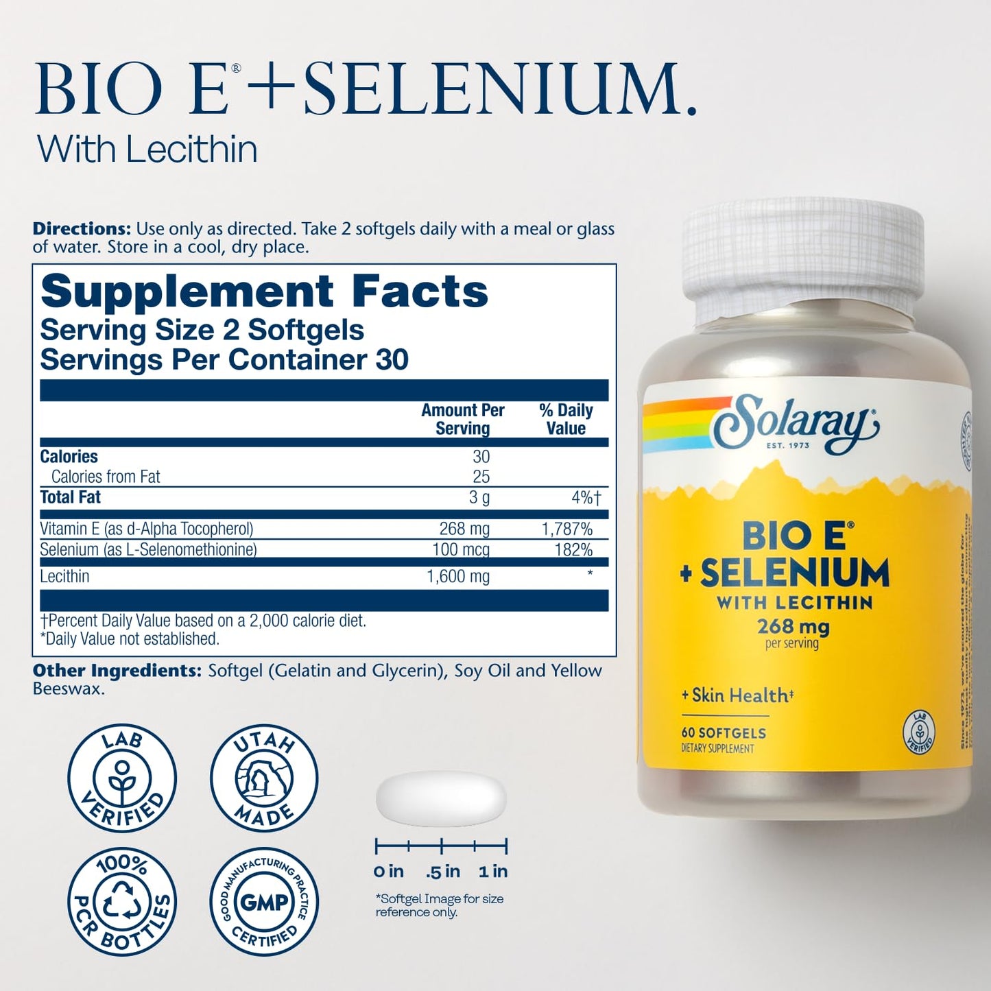 SOLARAY Bio Vitamin E 400 IU with Selenium Capsules, 60 Count