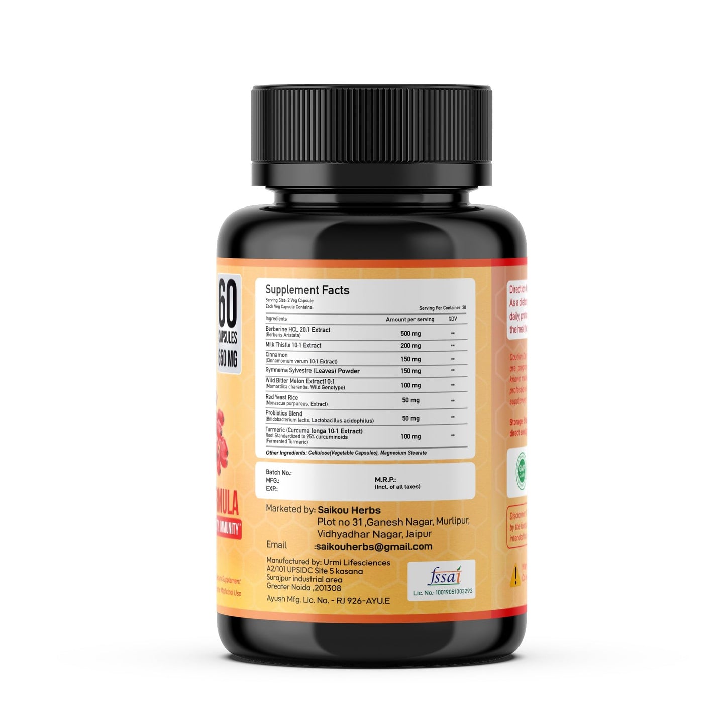 SAIKOU HERBS Berberine HCL Extract 1300mg with Milk Thistle, Ceylon Cinnamon, Gymnema Sylvestre & Turmeric Capsules, 60-count