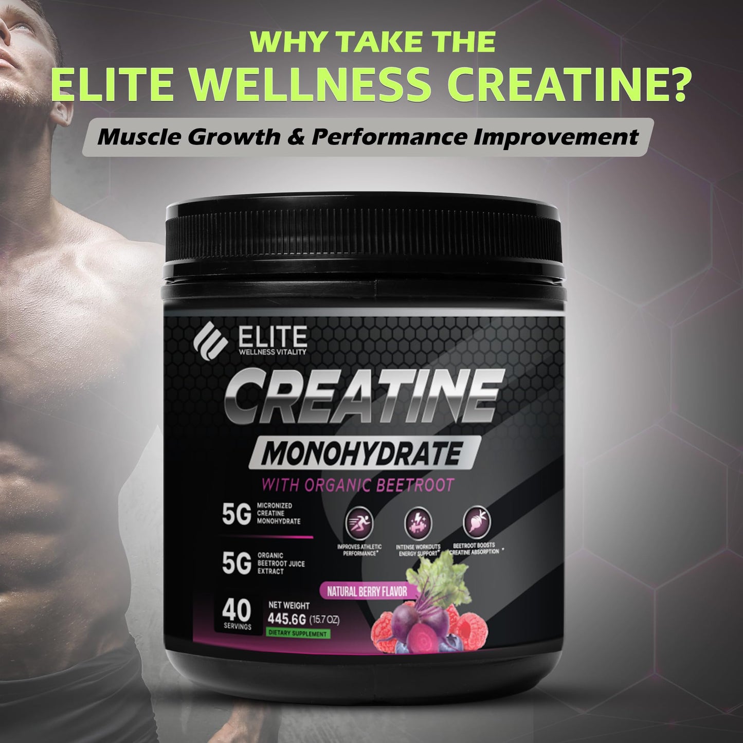 Elite Wellness Vitality Berry Flavor Creatine Monohydrate with Organic Beetroot Supplement Powder 40