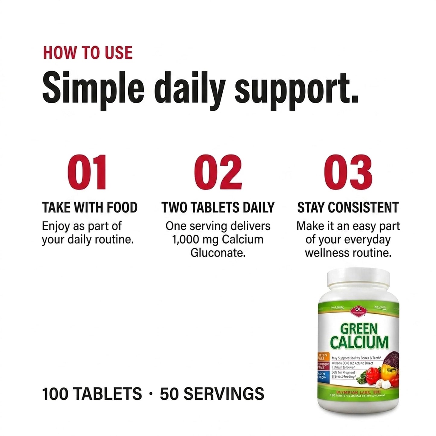 Olympian Labs Calcium Plus Magnesium, Formulated with Vitamin C, K2 & D3, 100 Tablets