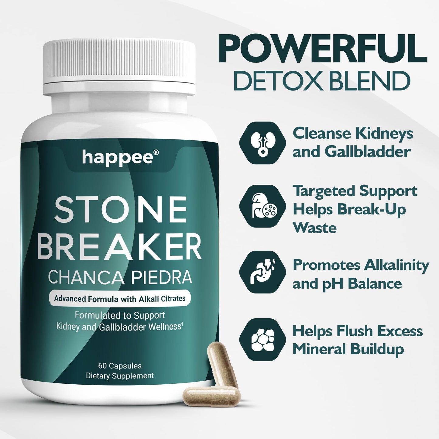 Happee Chanca Piedra Stone Breaker Kidney & Gallbladder Cleanse – Kidney Stone Dissolver & Passage Support - High Potency Phyllanthus Niruri with Magnesium, Potassium & Herbal Blend 60 Capsules
