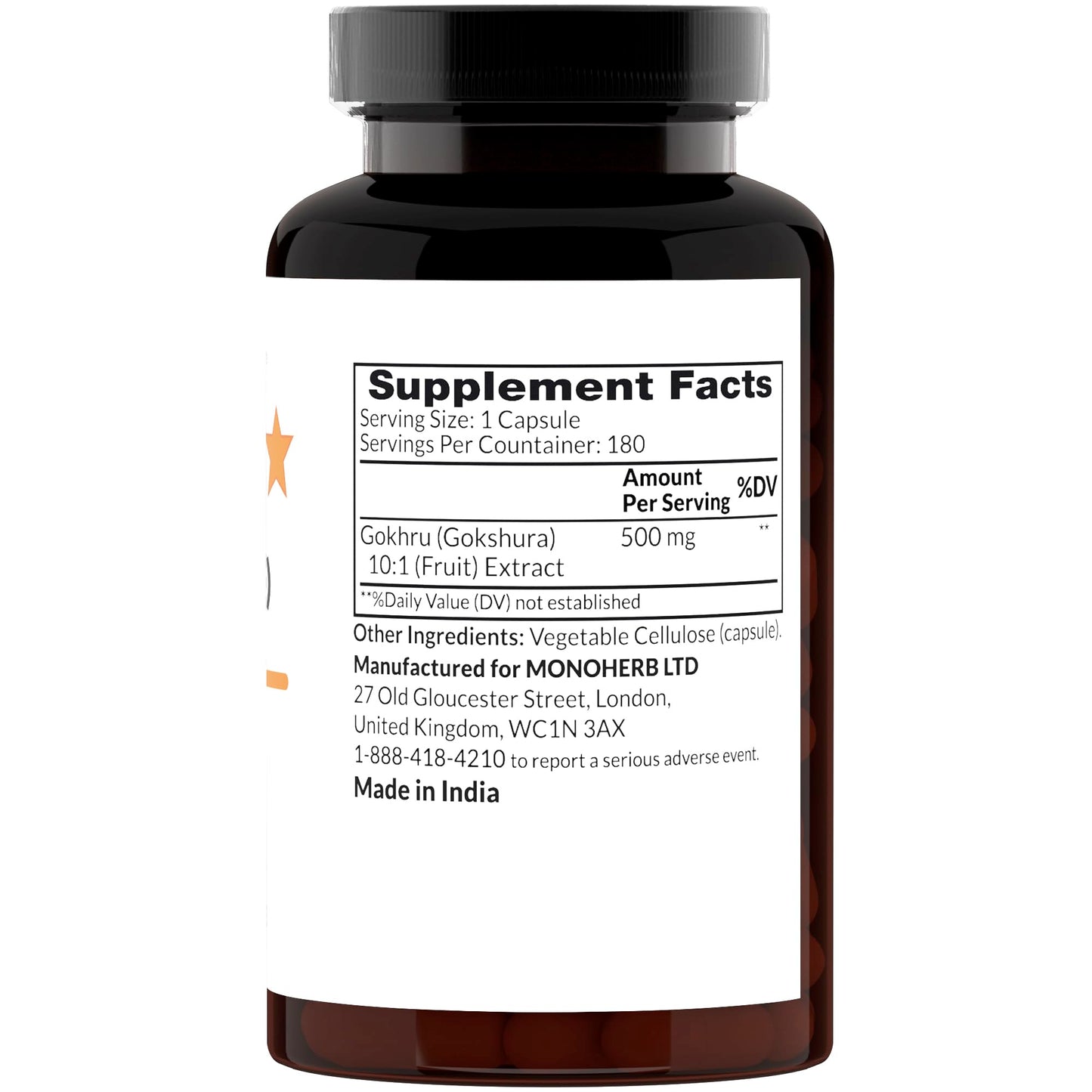 MONOHERB Gokhru - Gokshura 10:1 Extract - 500 mg per Capsule, 180 Capsules