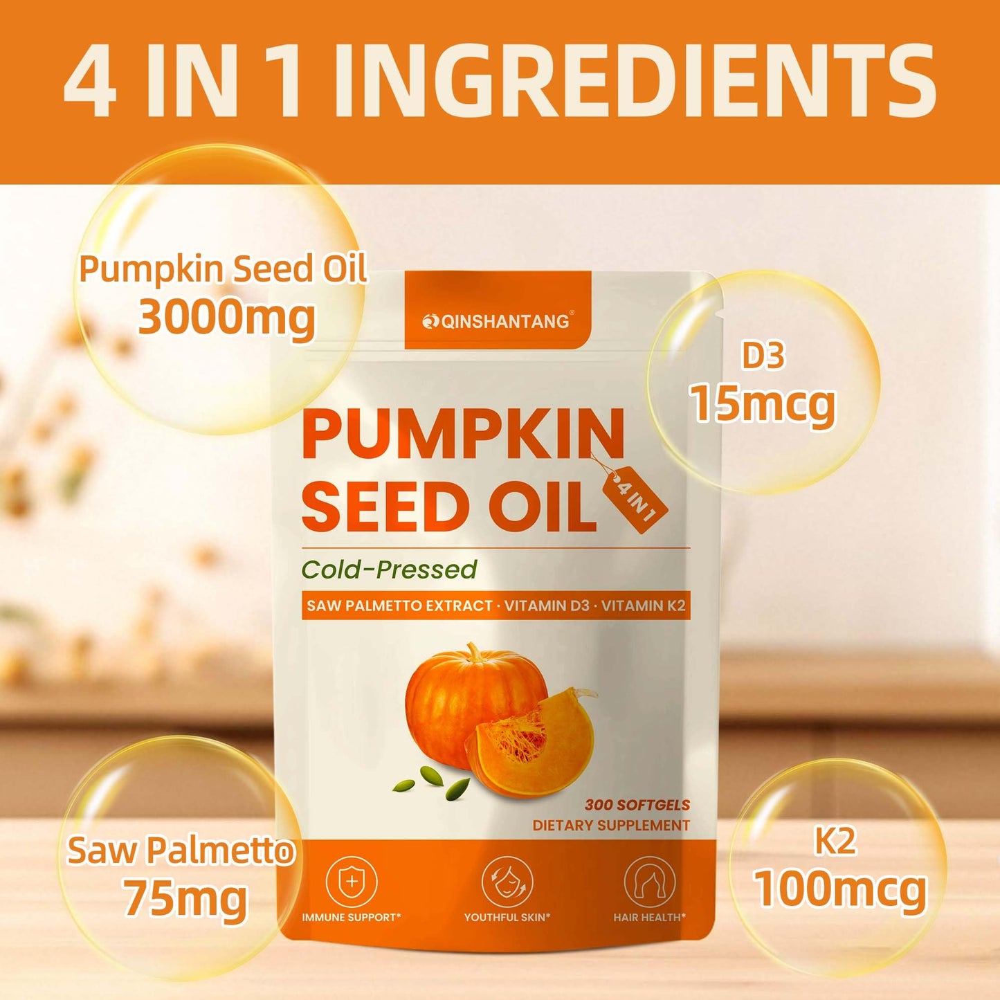 QIN SHAN TANG Pumpkin Seed Oil with Saw Palmetto, Vitamin D3 & K2 Softgel, 300