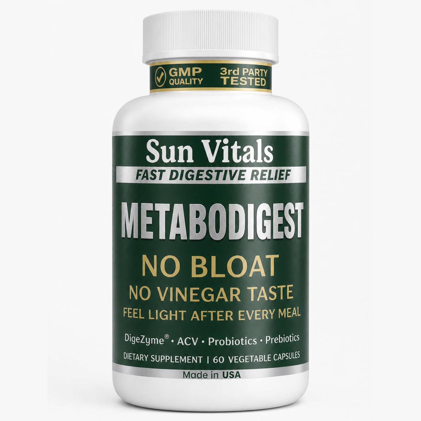Sun Vitals MetaboDigest ACV Apple Cider Vinegar Capsules with Digestive Enzymes, Prebiotic Fiber & Probiotic, 60 Count