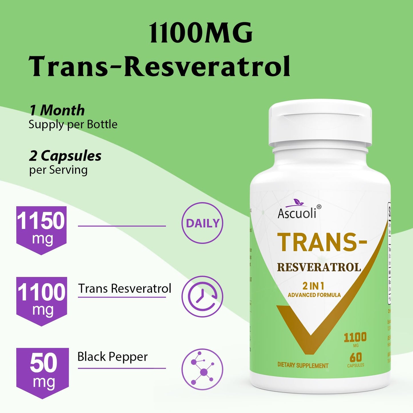 Ascuoli Trans-Resveratrol 1100mg, 3-in-1 Advanced Formula Organic Resveratrol Supplement, 60 Capsules