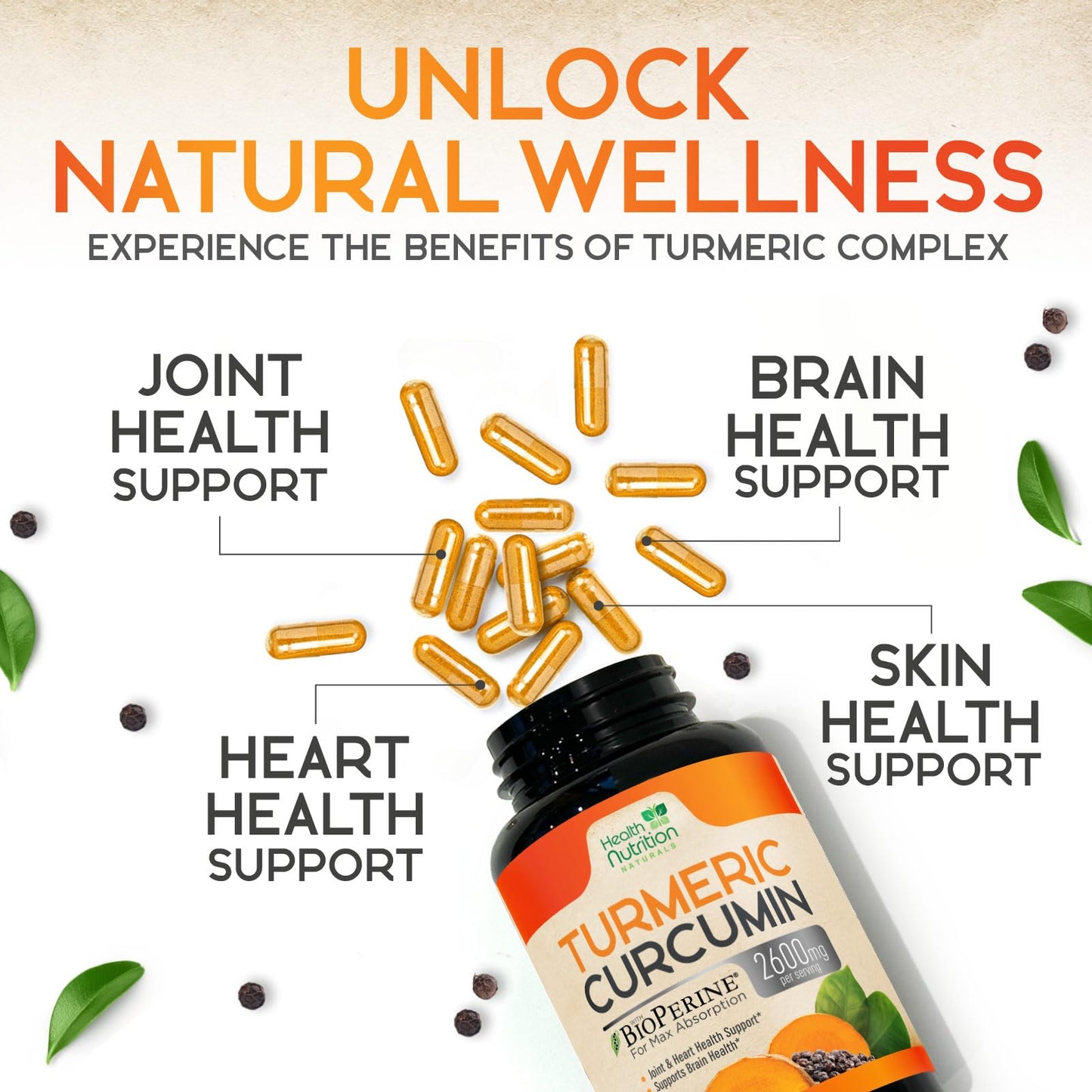 Health Nutrition Naturals Turmeric Curcumin Supplement 2600mg Capsule, 120 Capsules
