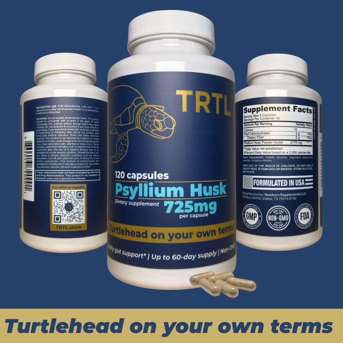 TRTL Supplements Psyllium Husk Capsules 120 Count