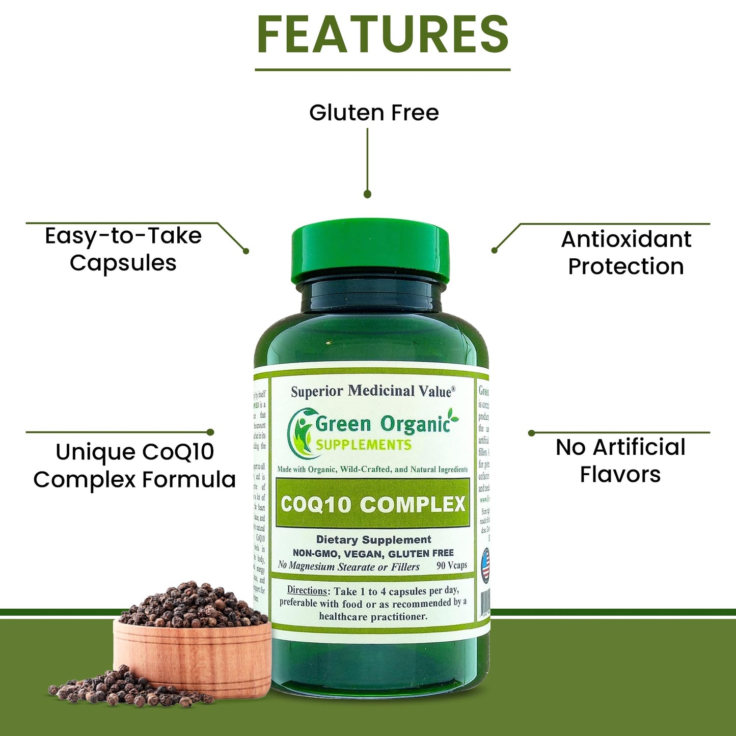 Green Organic Supplements CoQ10 Complex, Ubiquinone, 90 Capsules