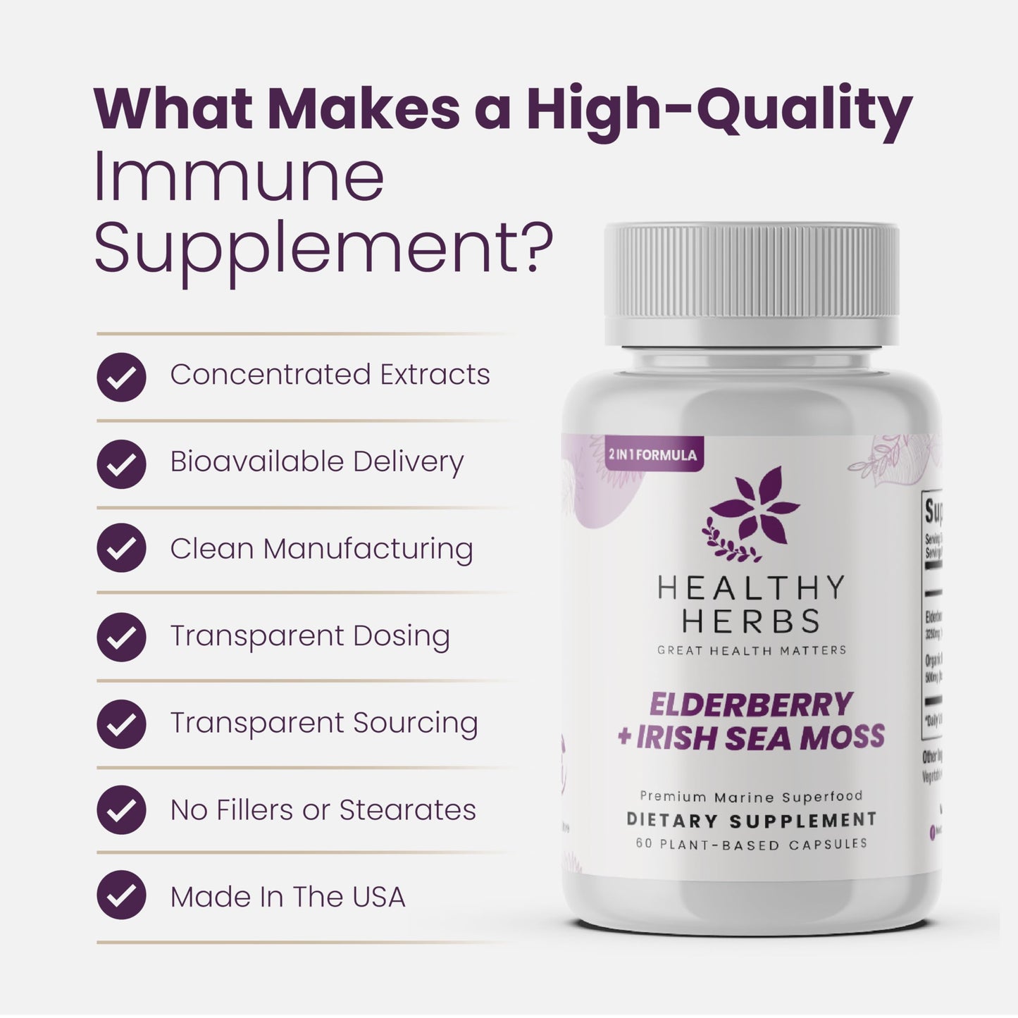 Healthy Herbs Wildcrafted Elderberry Sea Moss Capsules 2600mg Irish Sea Moss + Elderberry Essentials Blend, US-Made, Vegan, Non-GMO, Easy-Swallow, 60 Capsules