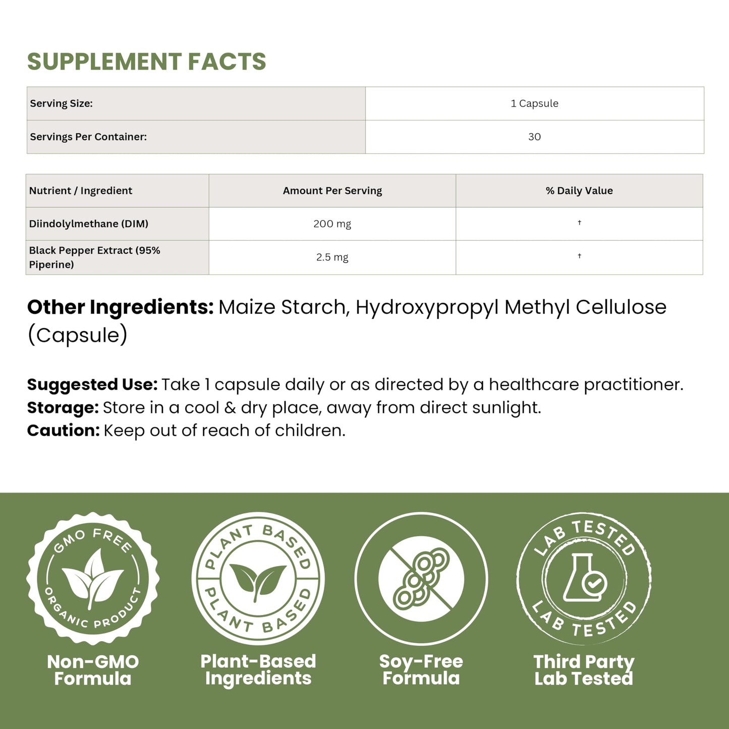 WHOLESOME SCIENCE DIM Diindolylmethane 200 mg with Black Pepper Extract Capsules, 30 Capsules