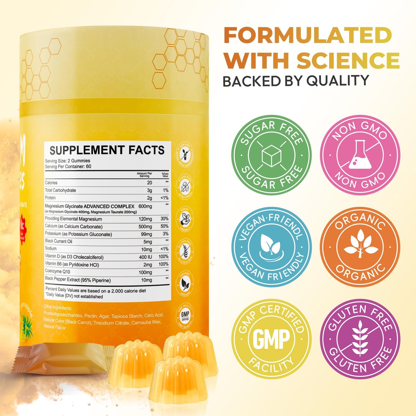Xytora Magnesium Glycinate Gummies 600mg, Pineapple Flavor, Sugar Free, Vegan & Non-GMO, 120 Count