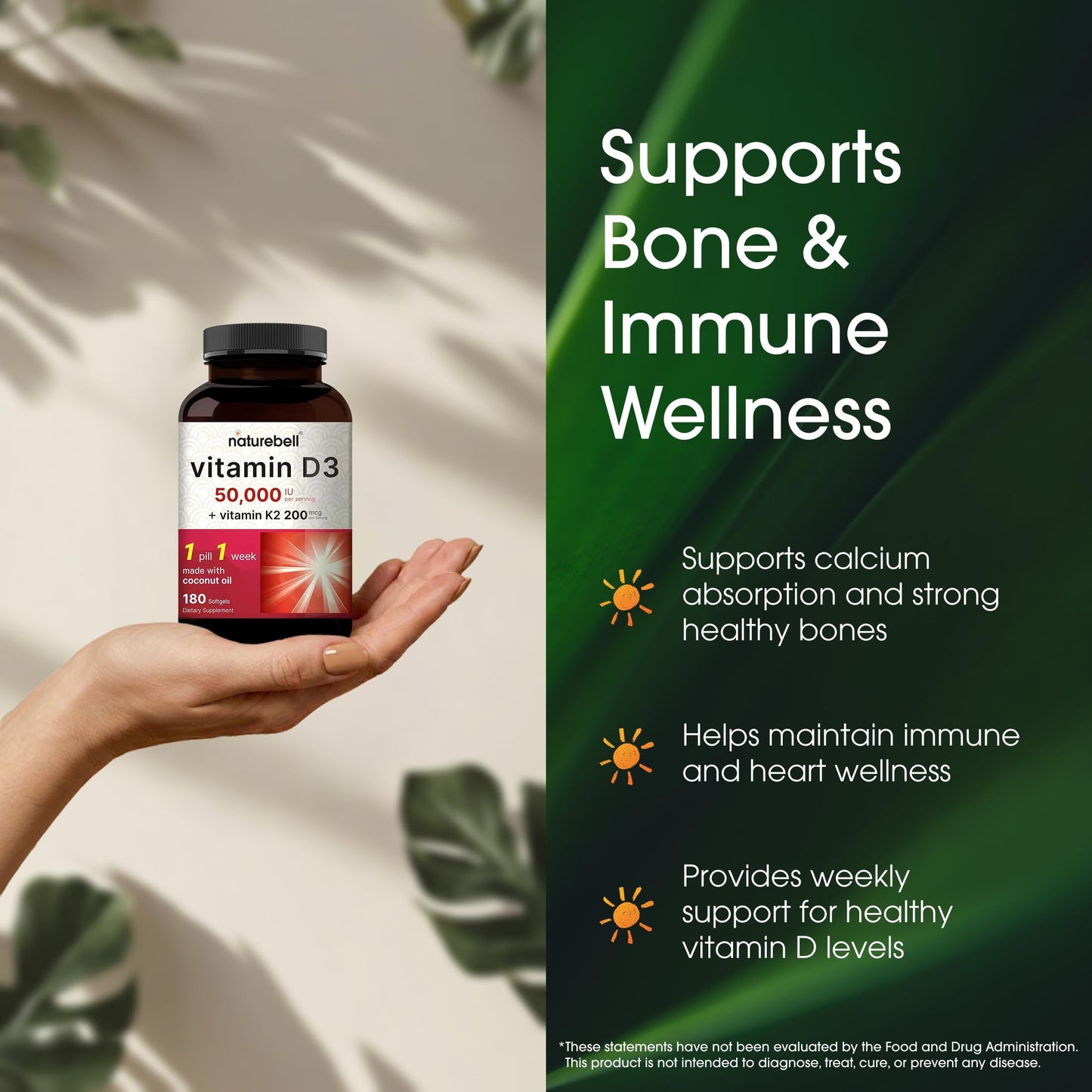 NatureBell Vitamin D3 50,000 IU with Vitamin K2 Softgels 180 Count