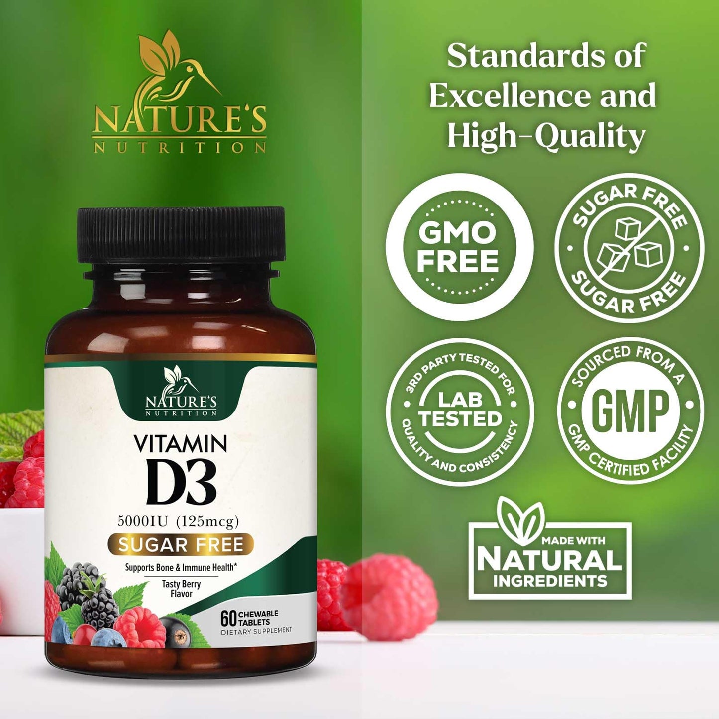 Nature's Nutrition Vitamin D3 5000 IU (125 mcg) Chewable, 60 Count Tablets
