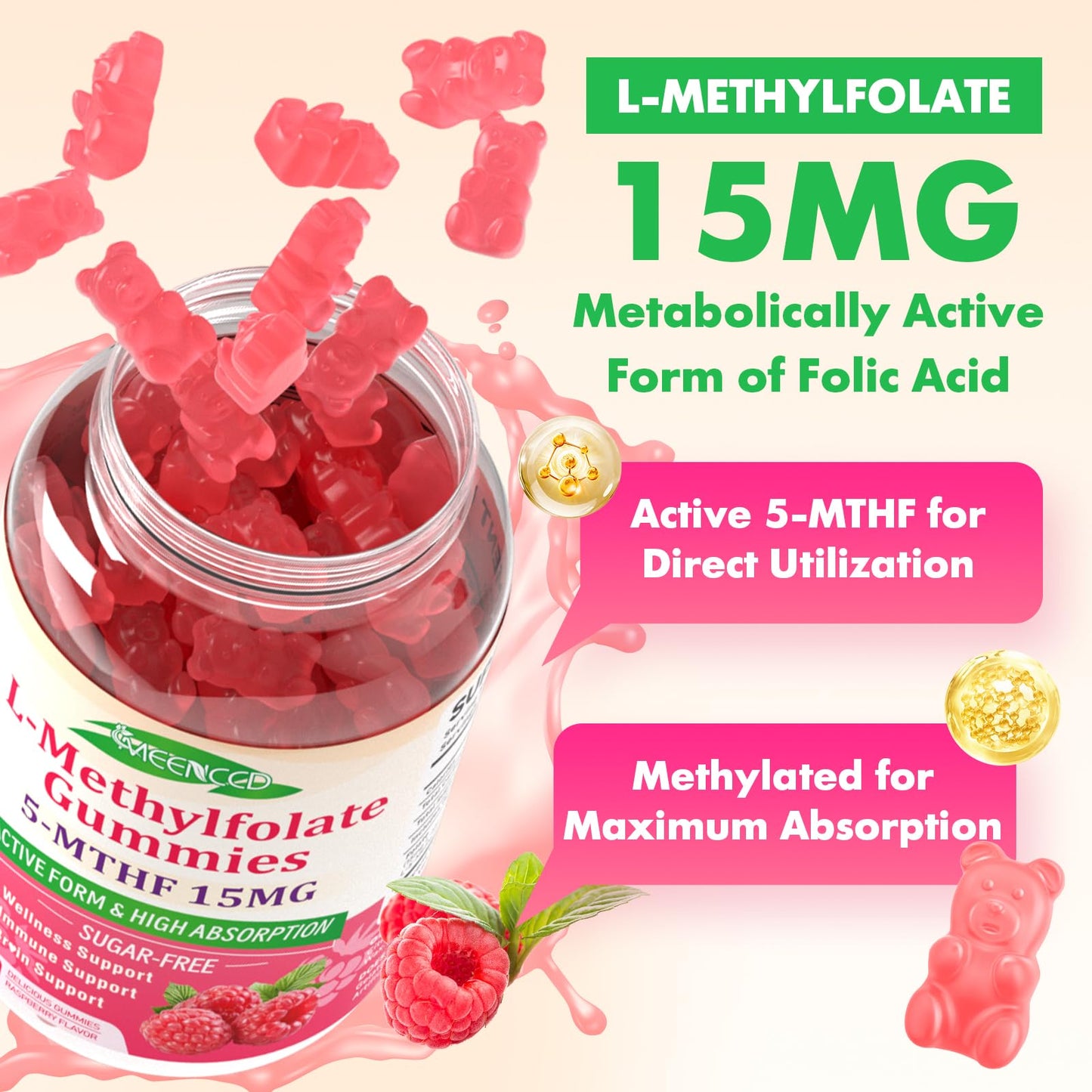 MEENCCD L-Methylfolate Gummies, Active 5-MTHF, Methylfolate Supplement, 120 Gummies