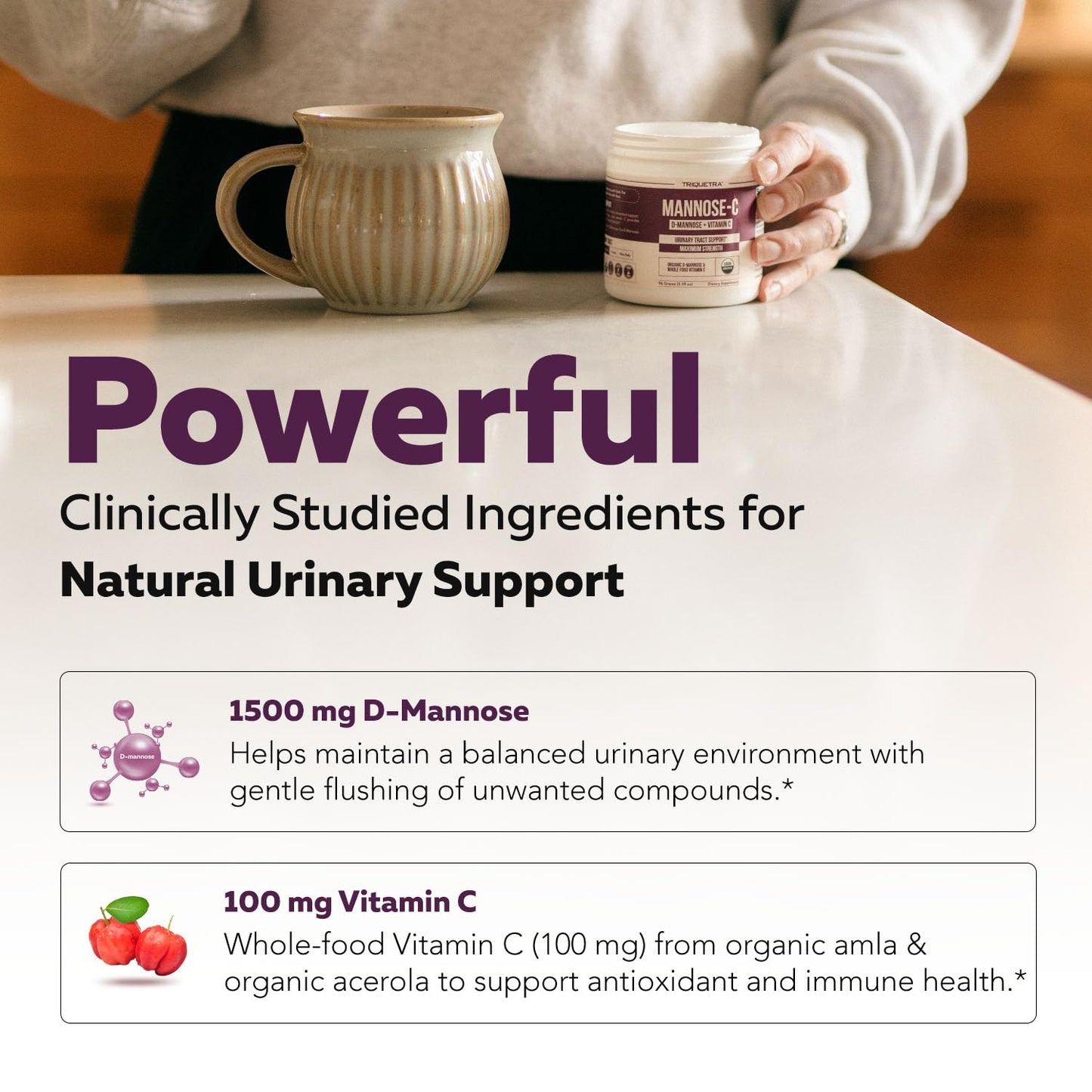 Triquetra Health Mannose-C Organic D Mannose Powder with Whole Food Vitamin C, UTI Support, 3.39 oz
