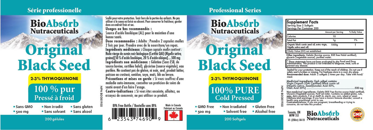 Bio Absorb Nutraceuticals Black Seed Oil Cold Pressed Softgels, 500mg, 200 Count