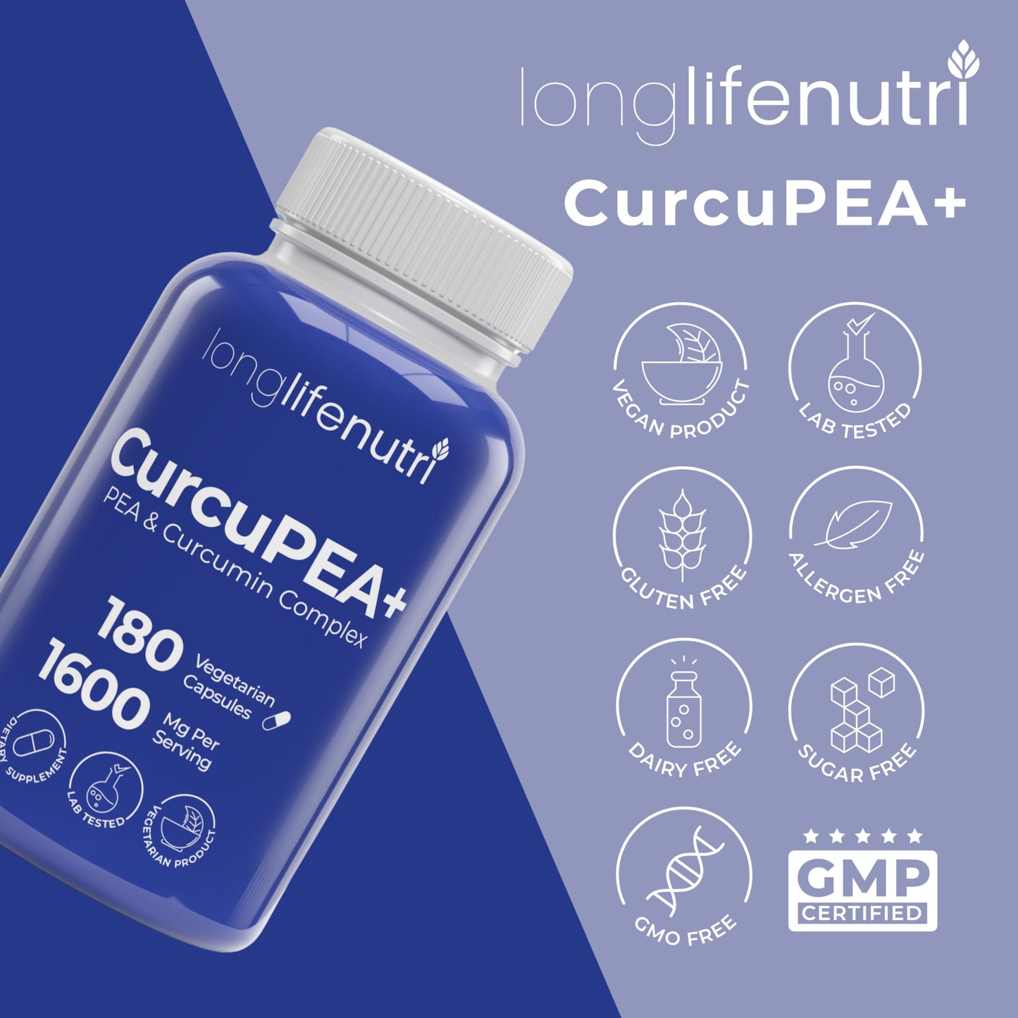 LongLifeNutri CurcuPEA+ Palmitoylethanolamide + Turmeric Complex Capsule, 180 Count