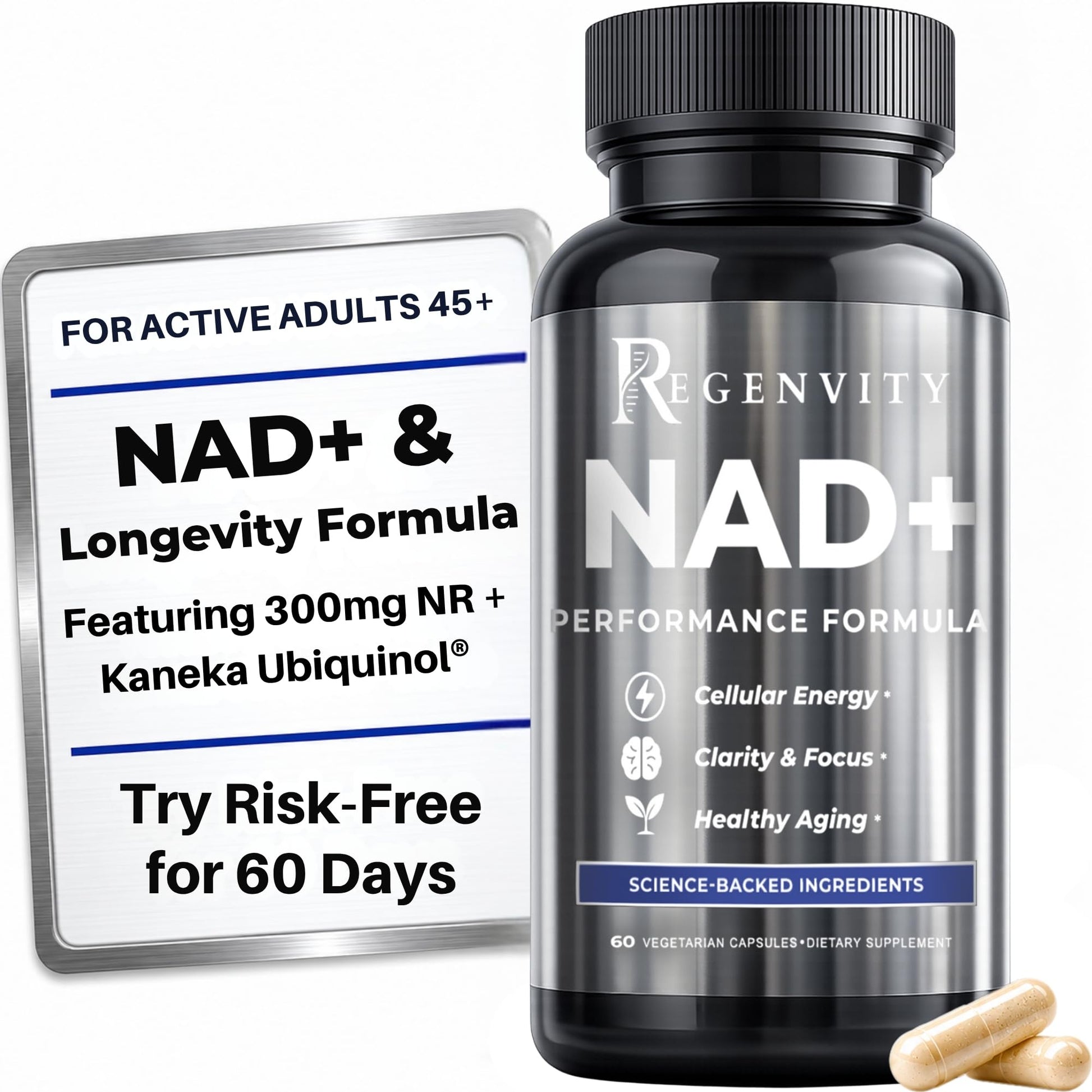 Regenvity NAD+ & Longevity Supplements with Kaneka Ubiquinol CoQ10 300mg Nicotinamide Riboside NR, Cellular Energy & Healthy Aging Formula for Active Adults 45+, 60 Capsules