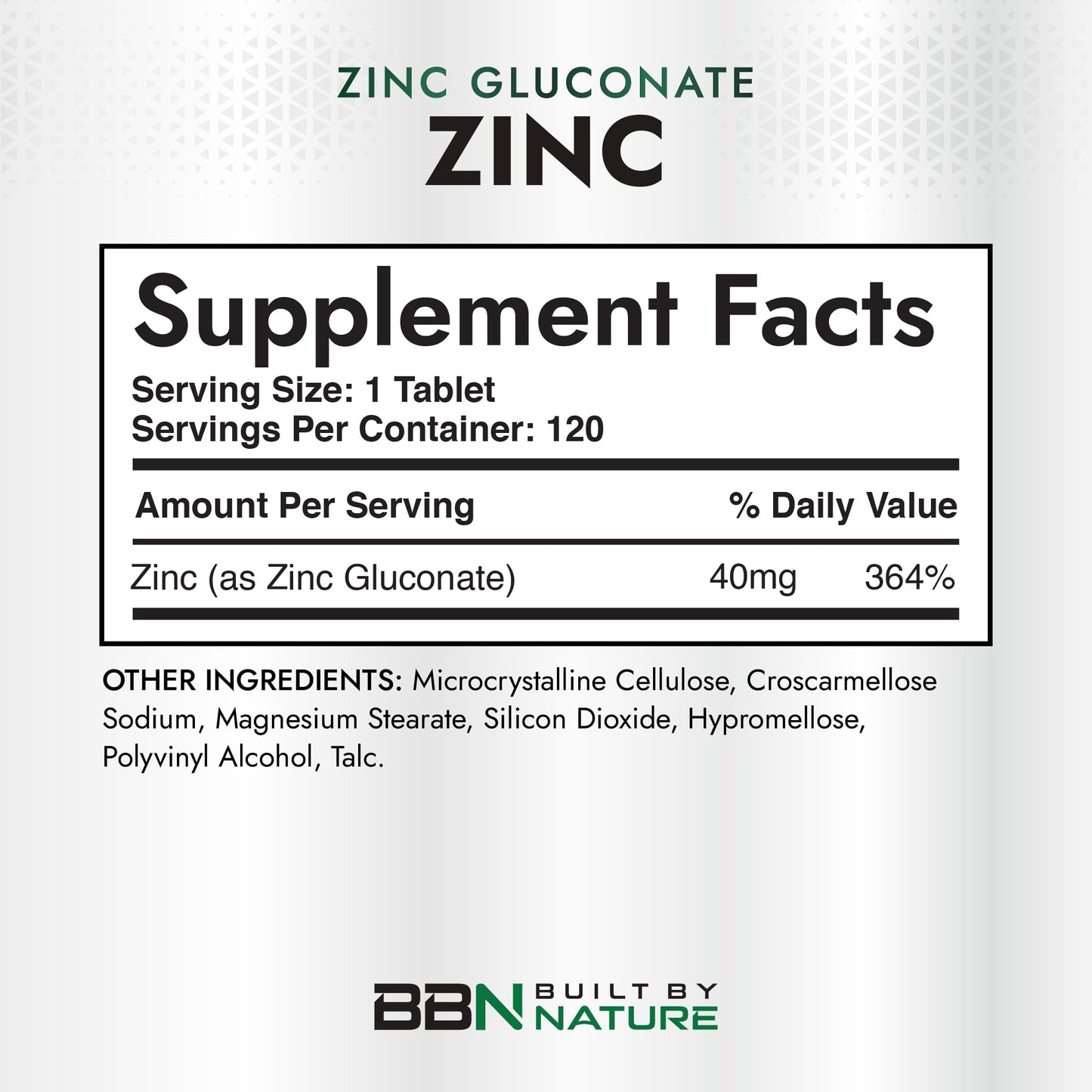 Built by Nature Zinc 40 mg High-Potency Immune Support & Antioxidant Supplement Zinc Gluconate Non-GMO Gluten Free 120 Tablets