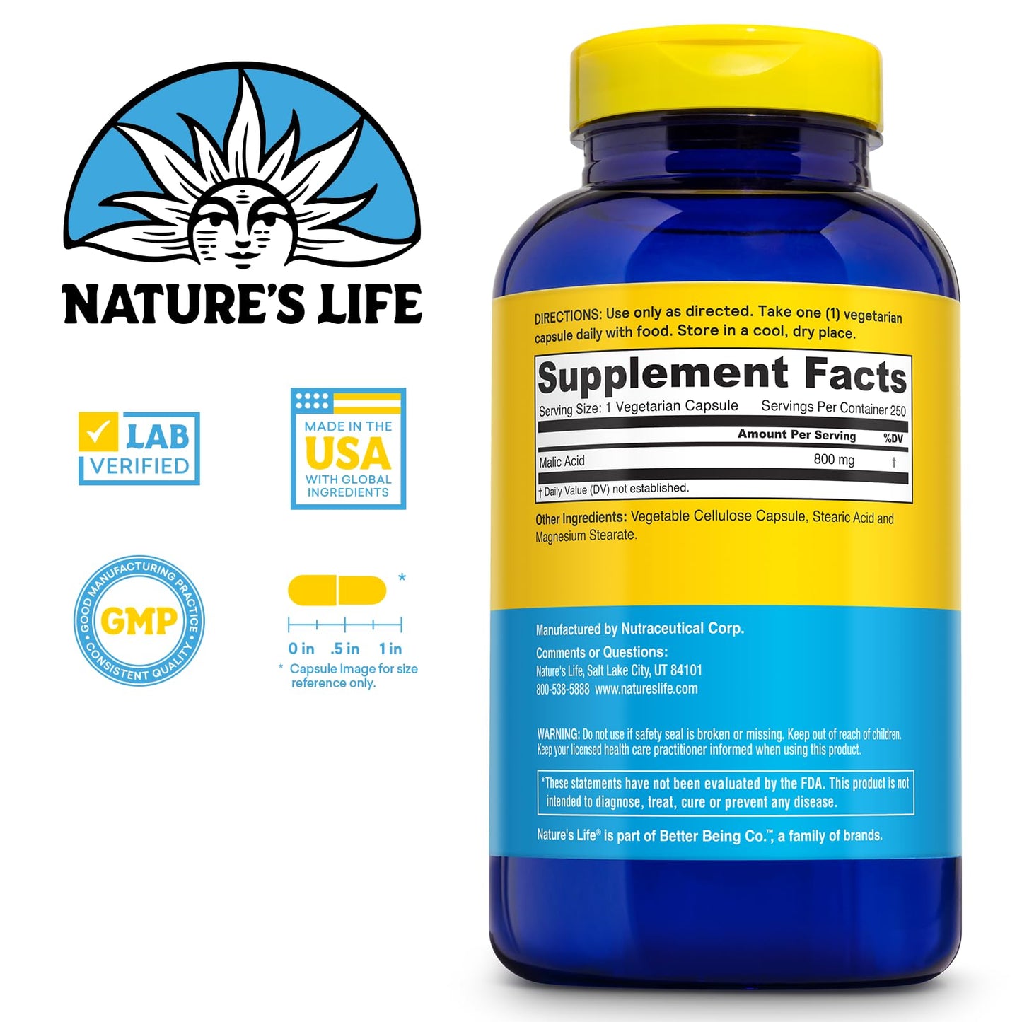 Nature's Life Malic Acid 800 mg Capsule, 250 Count