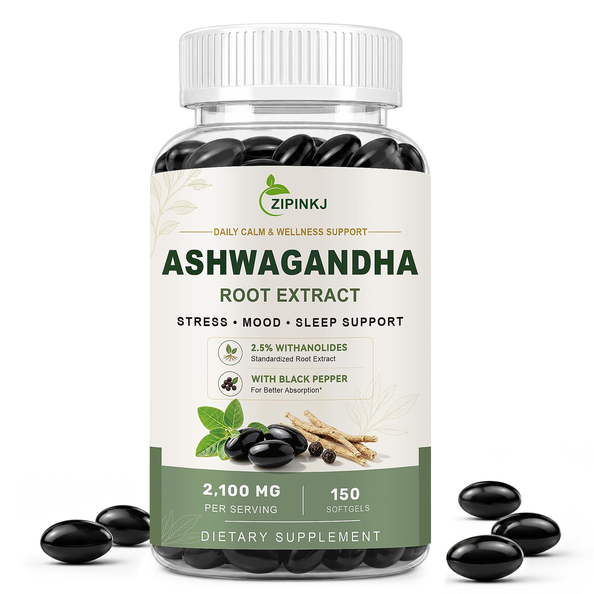 ZIPINKJ Organic Ashwagandha Supplement 2100mg Ashwagandha Root Extract Softgel 150 Count