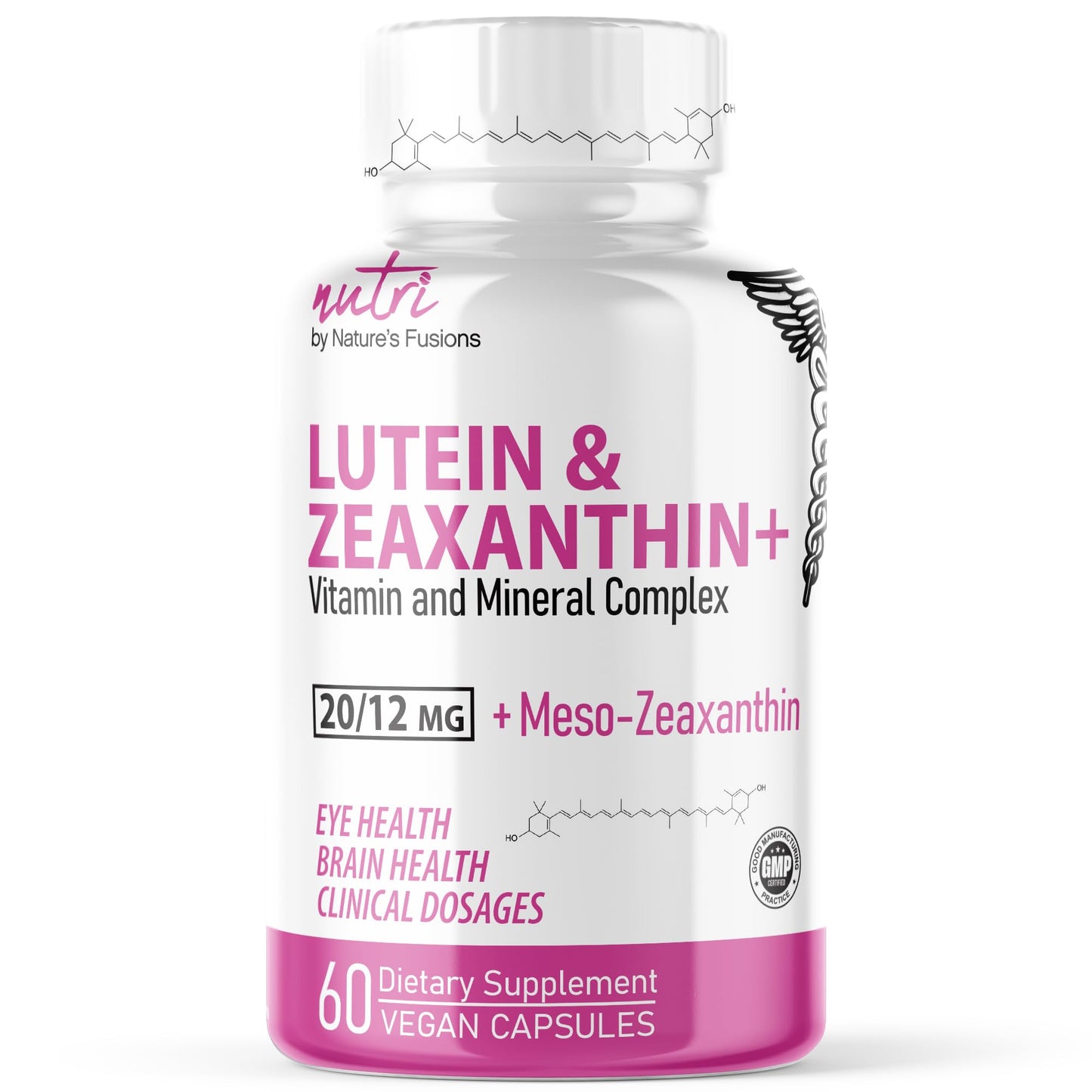 Nature's Fusions Nutri Lutein 20mg Eye Vitamins Complex - Triple Carotenoid Formula - Lutein and Zeaxanthin - Contains Zinc, Vitamins A, C, D3, E, Folate - 60 Capsules