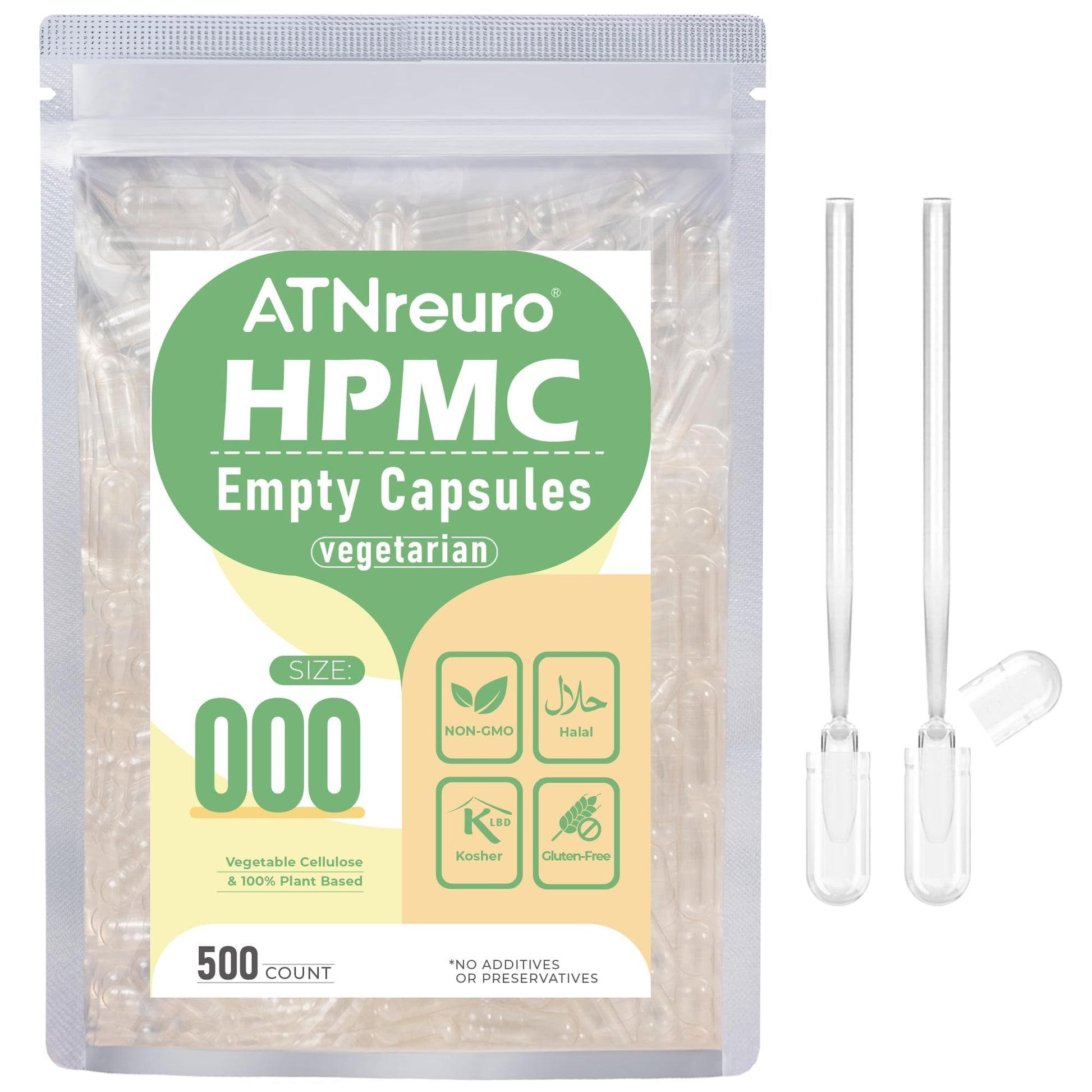 ATNreuro Empty Vegan Capsules, 500 Count