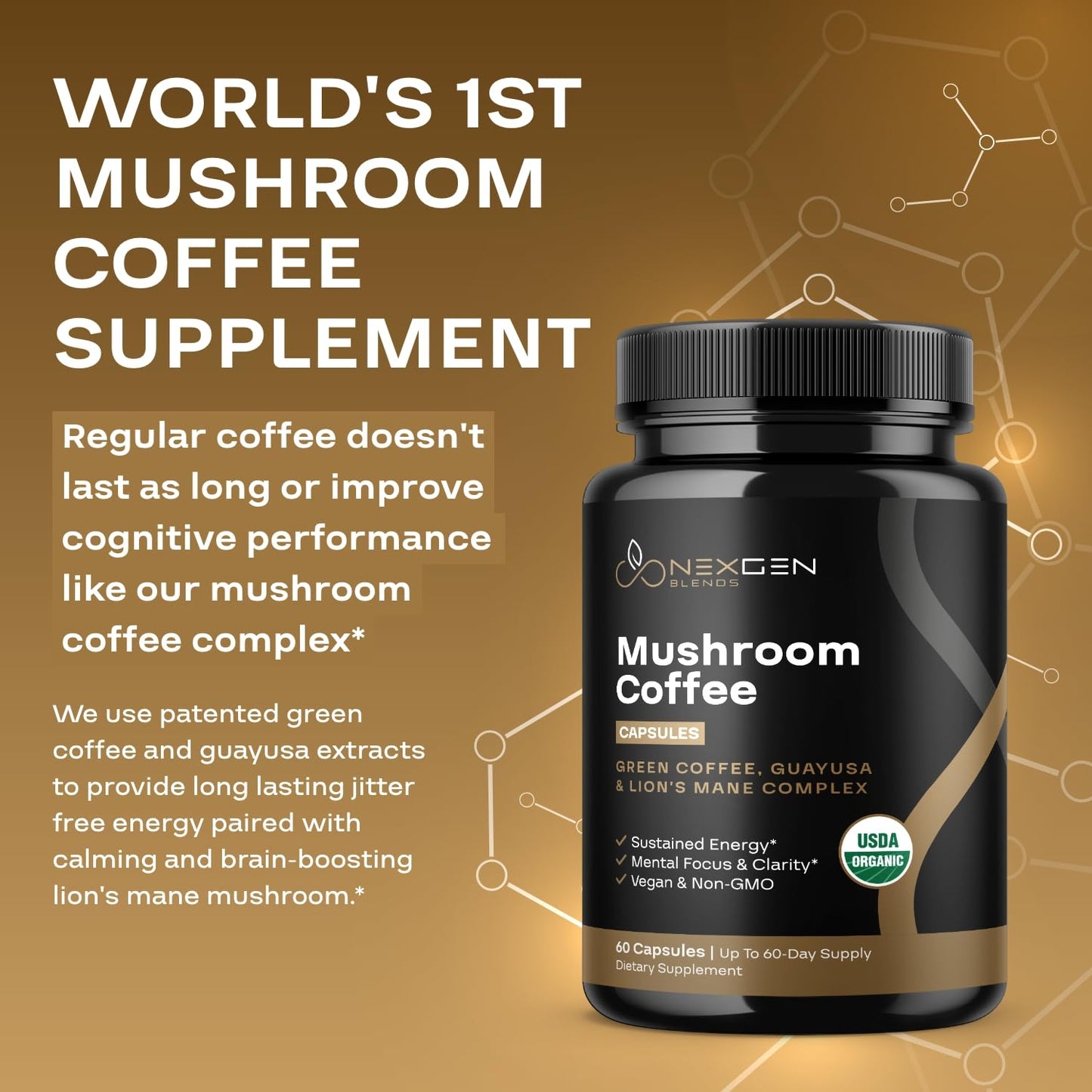 NEXGEN BLENDS 100% Organic Mushroom Coffee Capsules, 60 Capsules