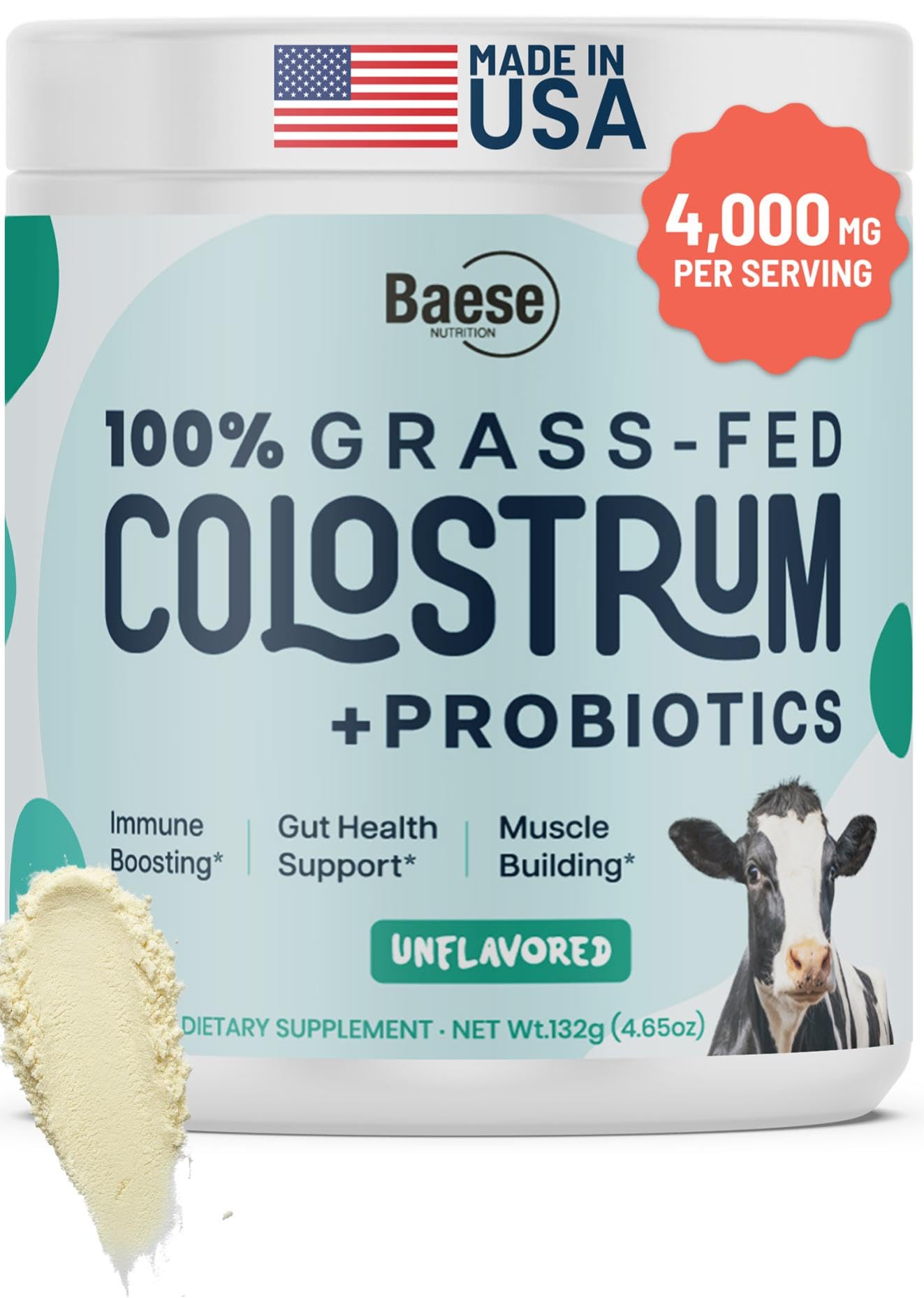 Baese Nutrition Bovine Colostrum with Probiotics 4000mg 800 IgG Grass Fed Immunoglobulins, Powder, 132 Grams