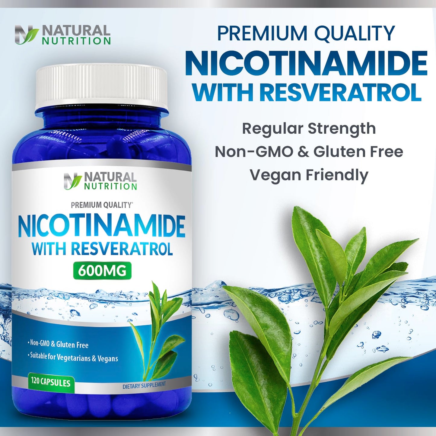 Generic Natural Vitamin Nicotinamide with Resveratrol 600mg (Vitamin B-3) 120 Veggie Capsules