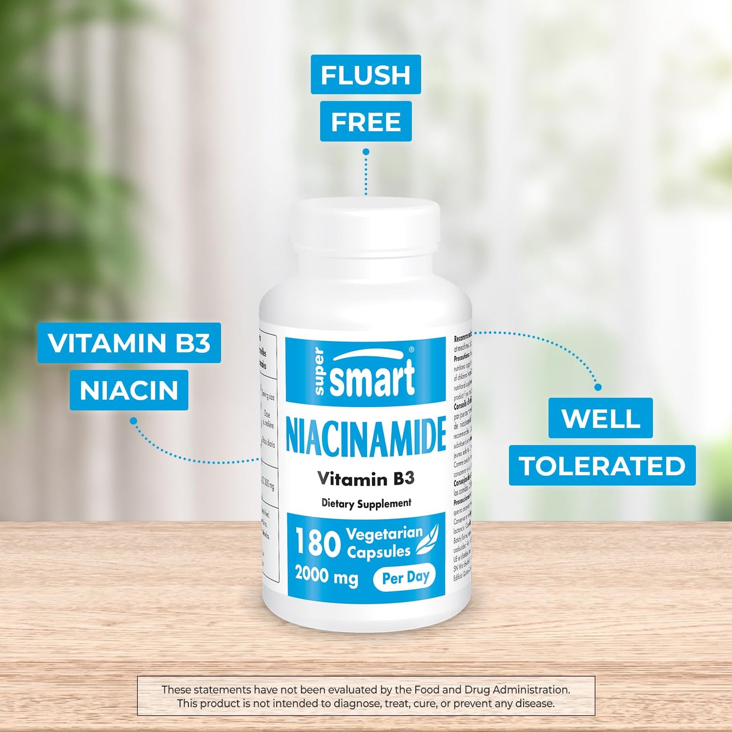 Supersmart Niacinamide Supplement 2000mg per Day (Nicotinamide) Flush Free Vitamin B3 Niacin, Capsule, 180