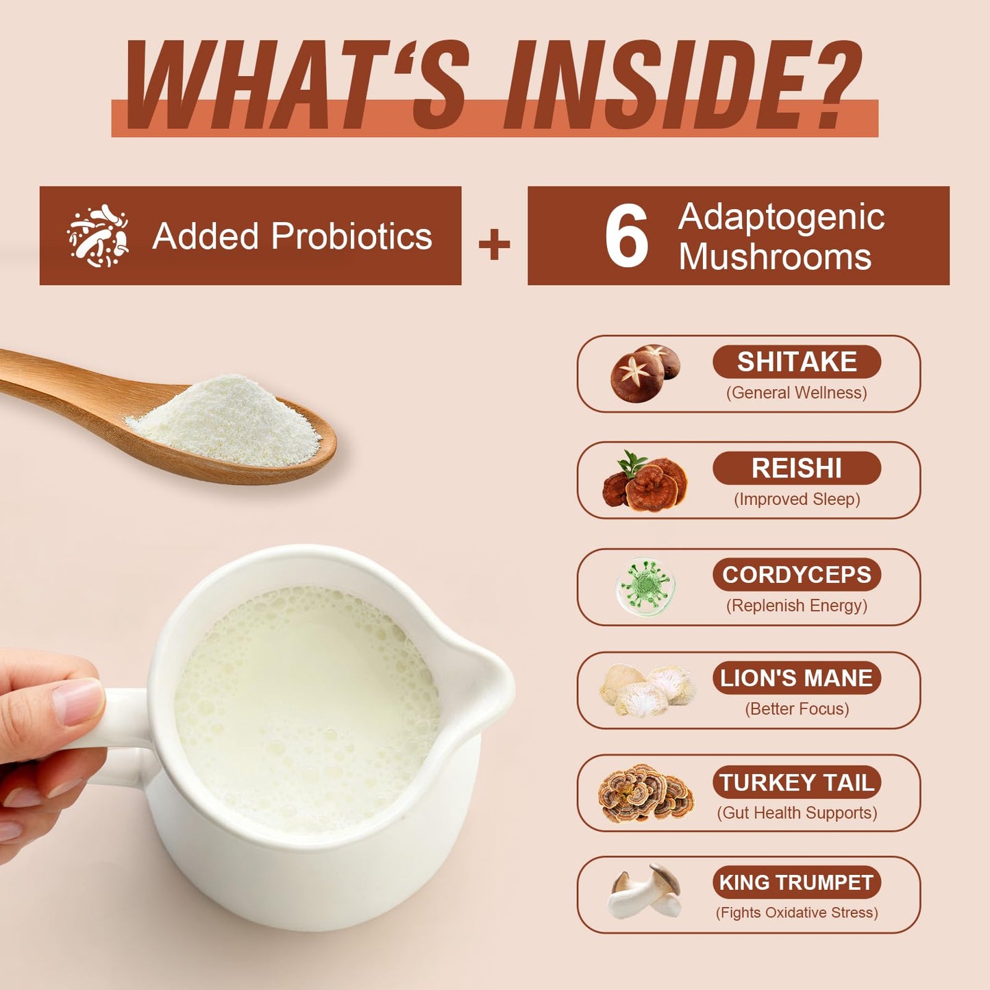 Bcuelov Mushroom Coffee Creamer Powder with 6 Adaptogenic Mushrooms & Probiotics, 7.4 oz