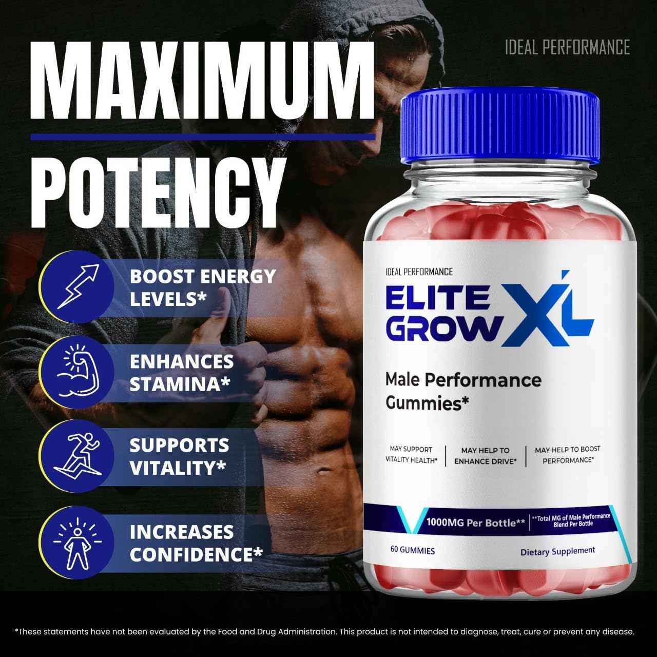 IDEAL PERFORMANCE Elite Grow XL Gummies – Maximum Strength Performance Supplement for Men, All-Natural Gummies to Support Stamina, Endurance and Energy, 60 Gummies